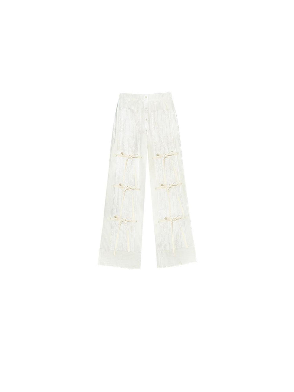 SENSELF Off White Striped Detachable Tie Bow New Chinese Style Women's Wide-leg Pants