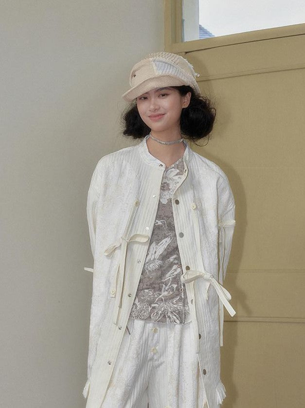 SENSELF Off White Striped Detachable Tie Bow New Chinese Style Women's Wide-leg Pants