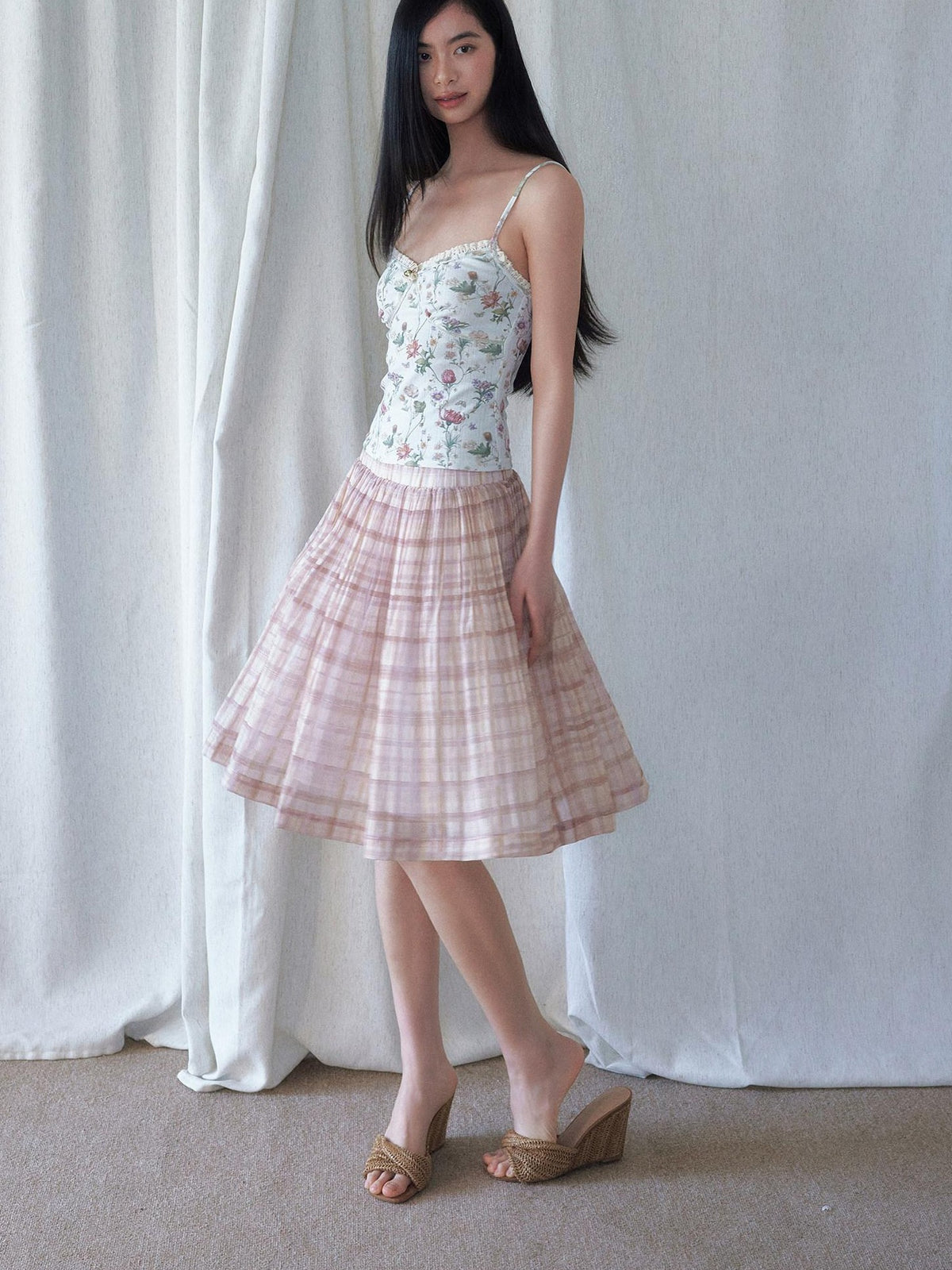 SENSELF Pleated Flared Plaid Print Women's Midi Skirts