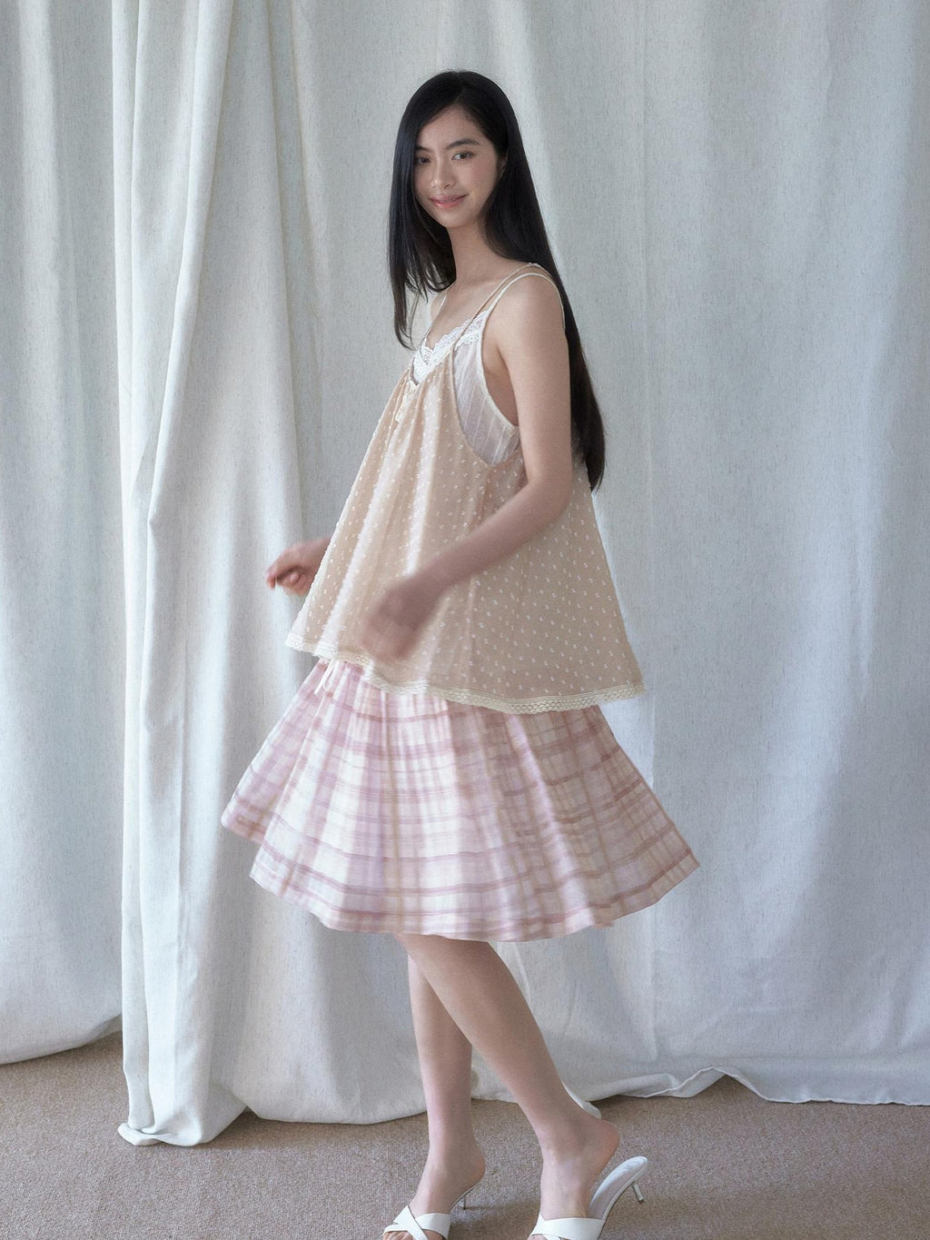 SENSELF Pleated Flared Plaid Print Women's Midi Skirts