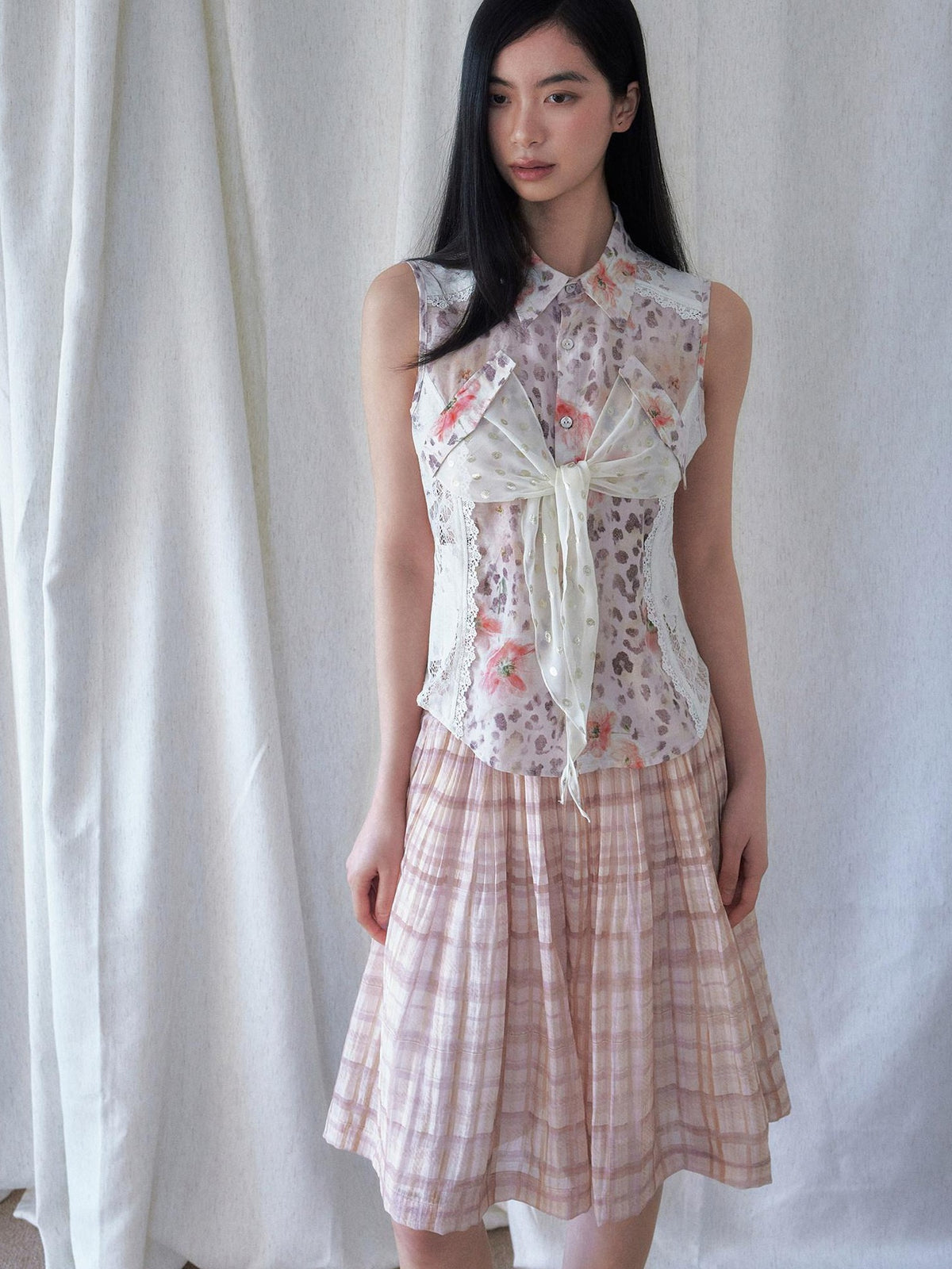 SENSELF Pleated Flared Plaid Print Women's Midi Skirts
