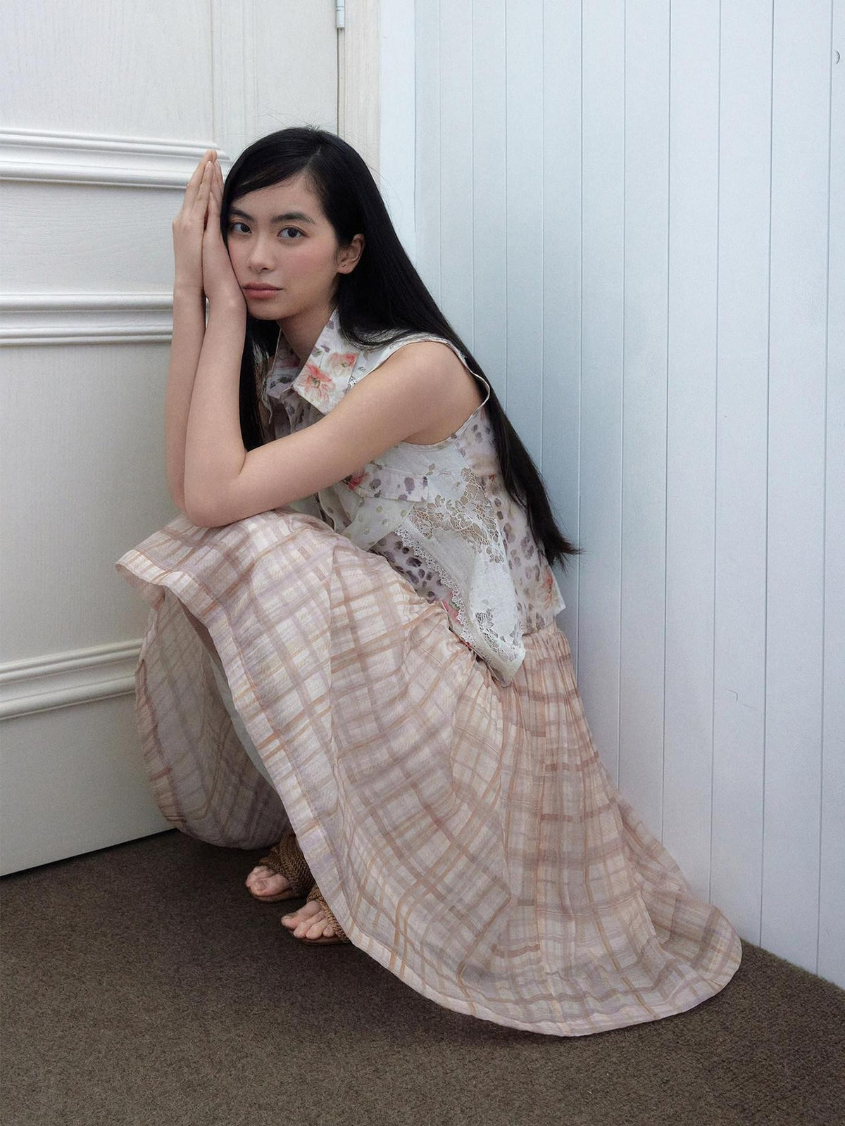 SENSELF Pleated Flared Plaid Print Women's Midi Skirts
