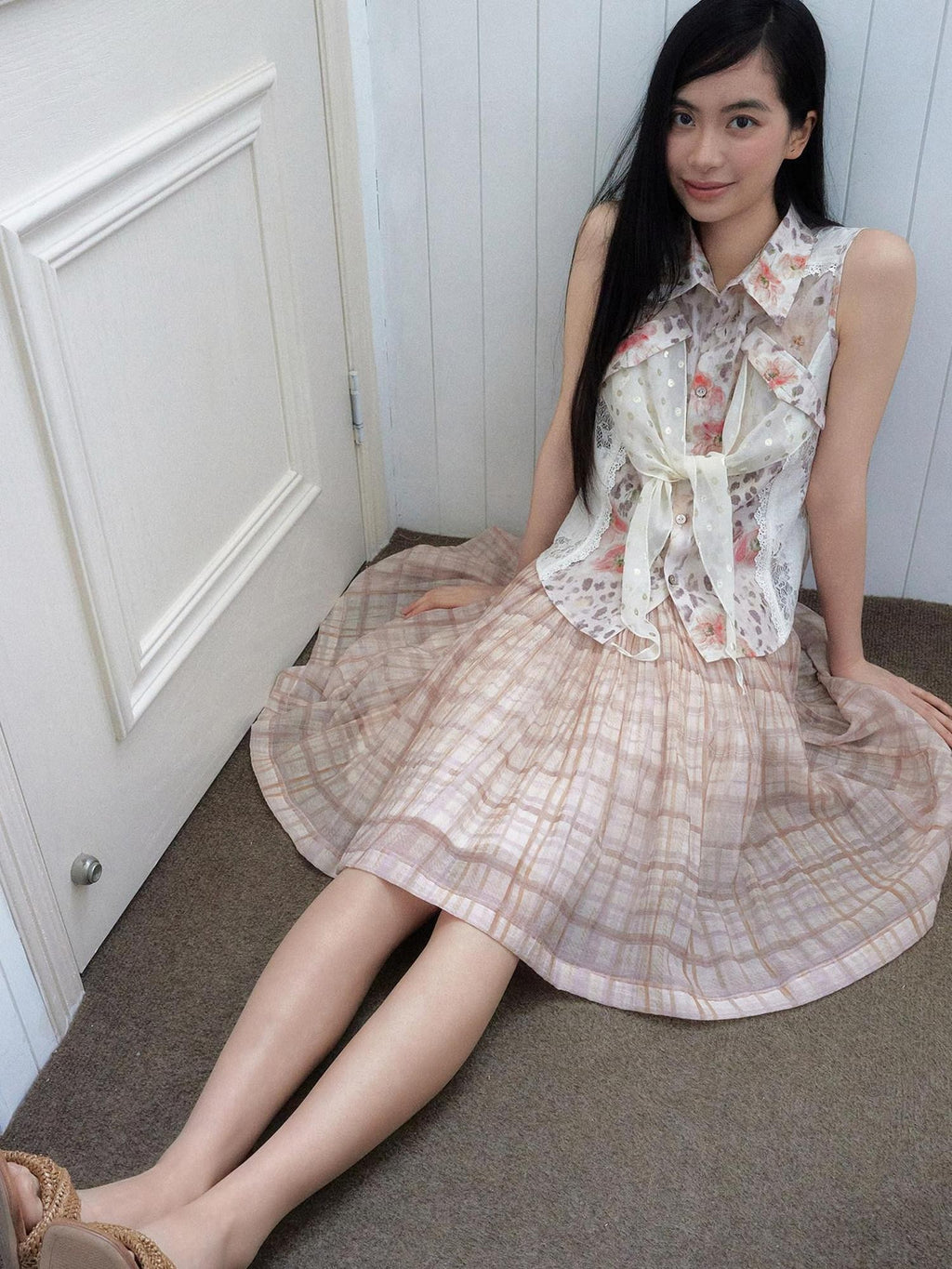 SENSELF Pleated Flared Plaid Print Women's Midi Skirts