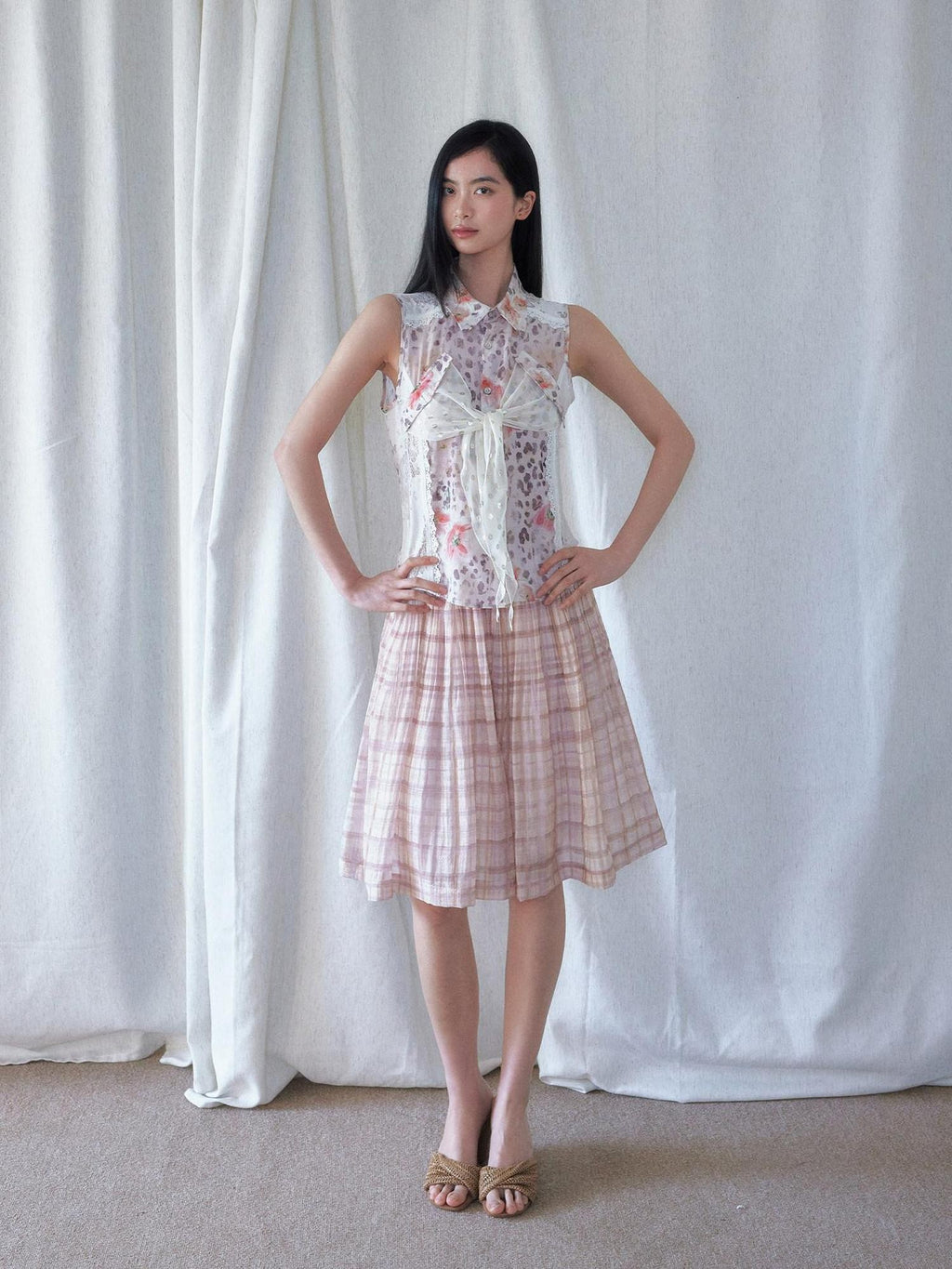 SENSELF Pleated Flared Plaid Print Women's Midi Skirts