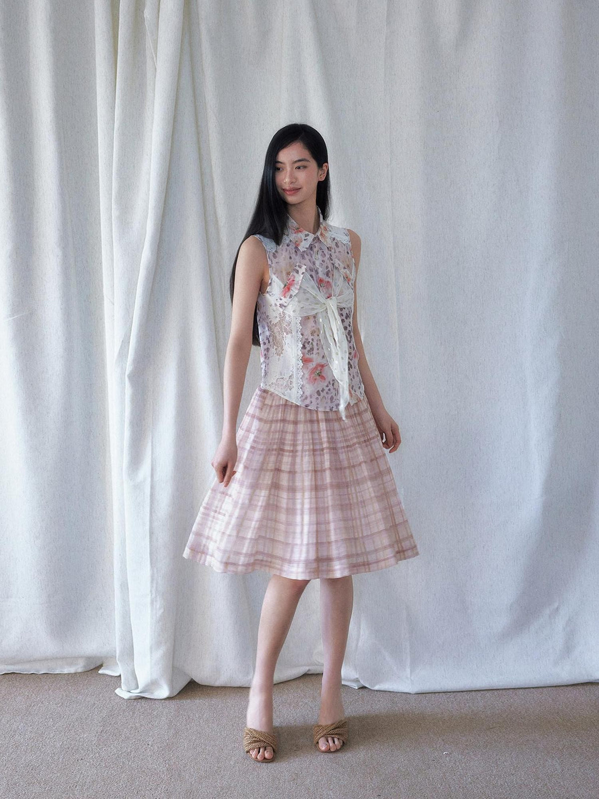 SENSELF Pleated Flared Plaid Print Women's Midi Skirts