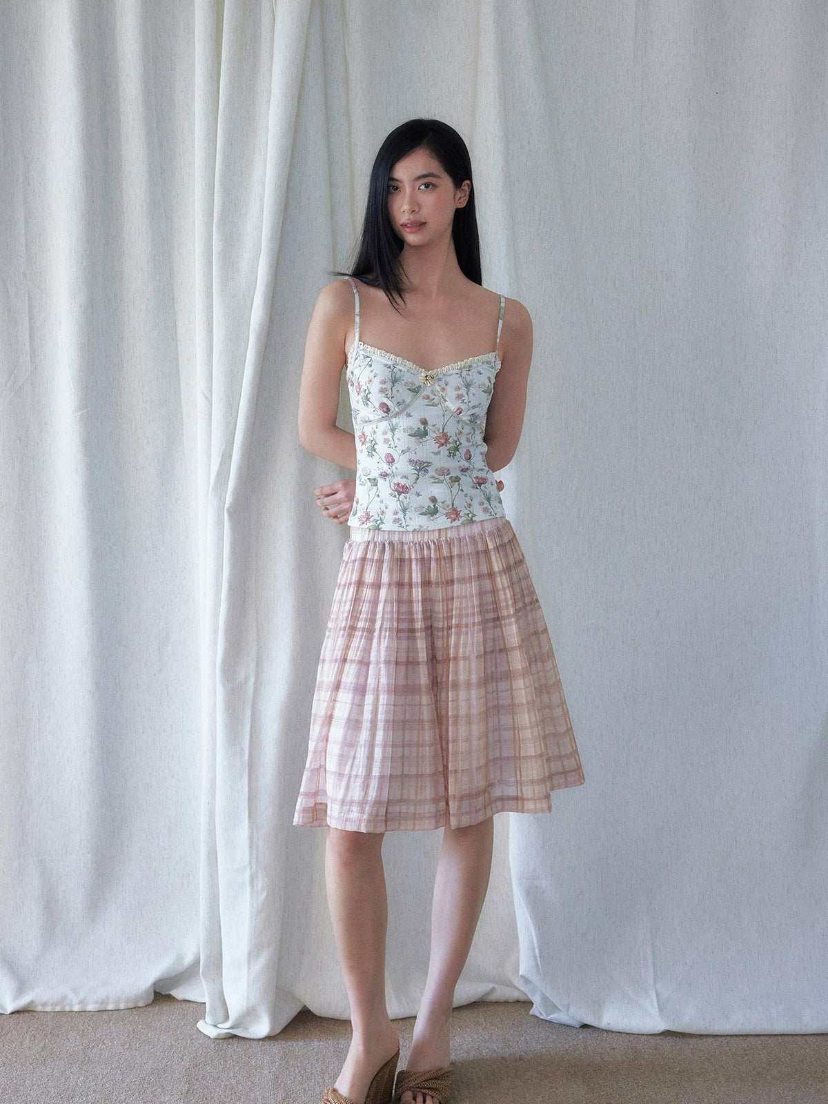 SENSELF Pleated Flared Plaid Print Women's Midi Skirts