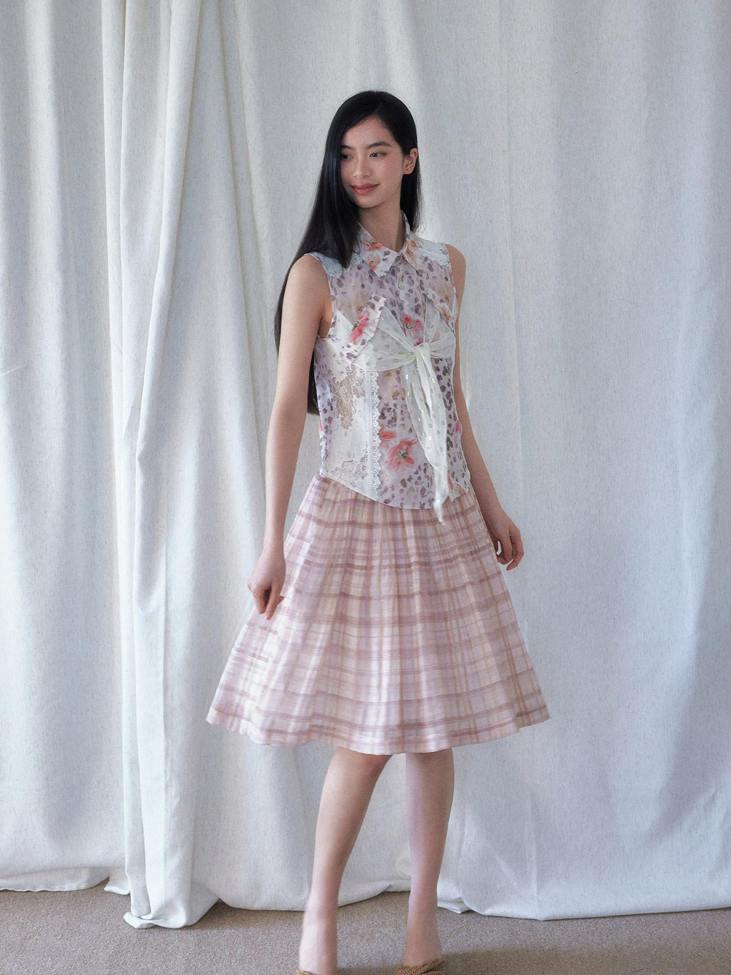SENSELF Pleated Flared Plaid Print Women's Midi Skirts