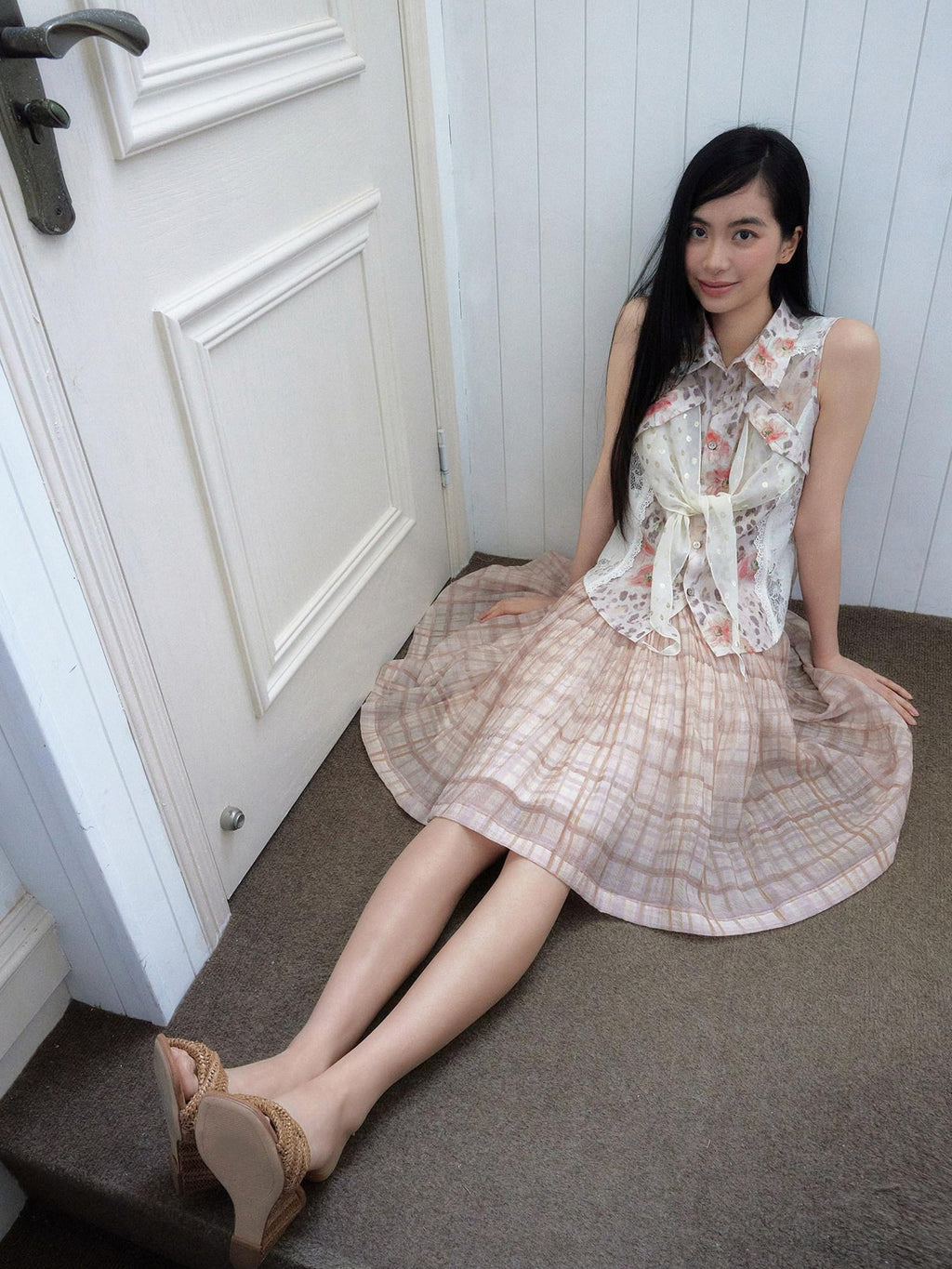 SENSELF Pleated Flared Plaid Print Women's Midi Skirts