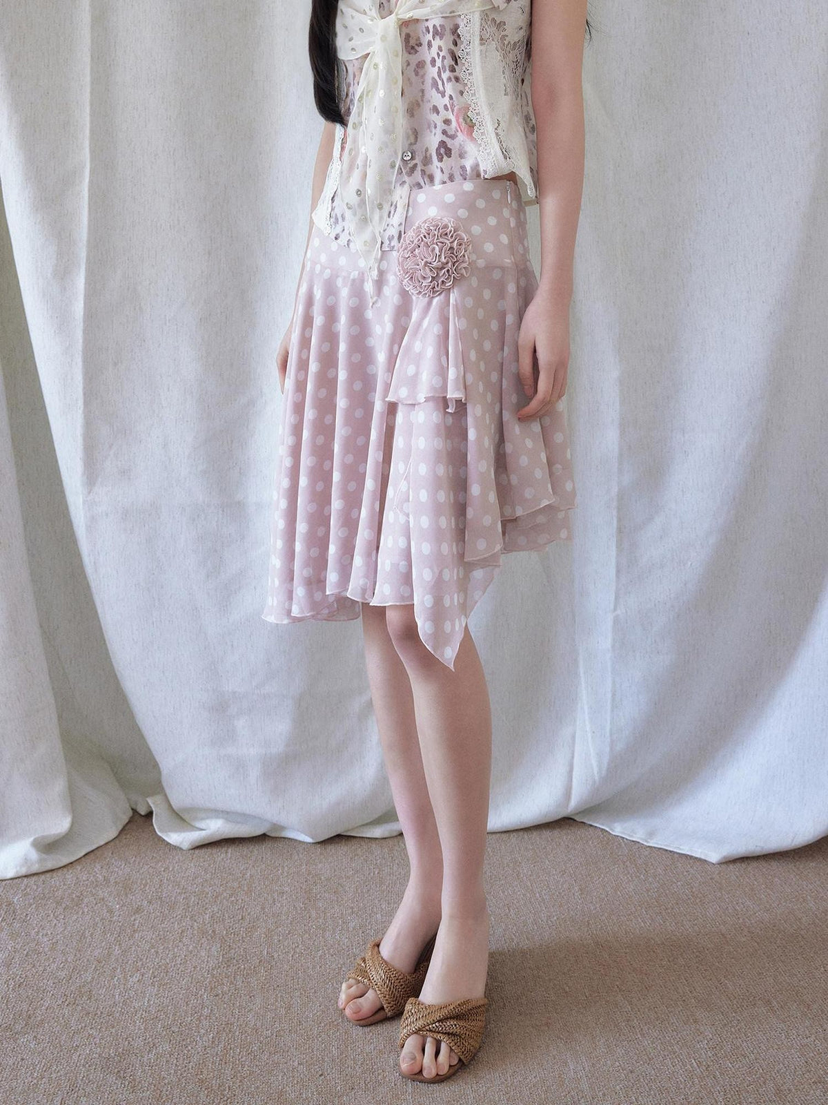 SENSELF Polka Dot Floral Lace Asymmetric Low Waist Women's Midi Skirts