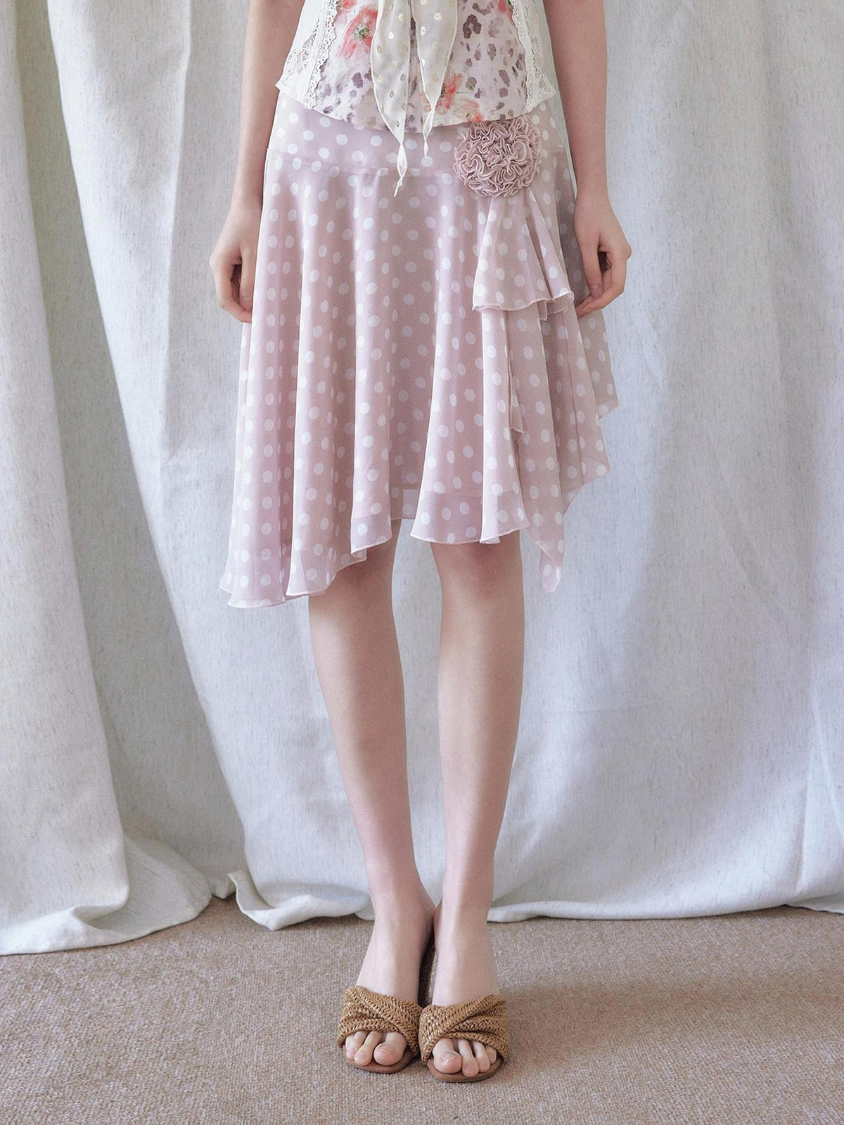 SENSELF Polka Dot Floral Lace Asymmetric Low Waist Women's Midi Skirts