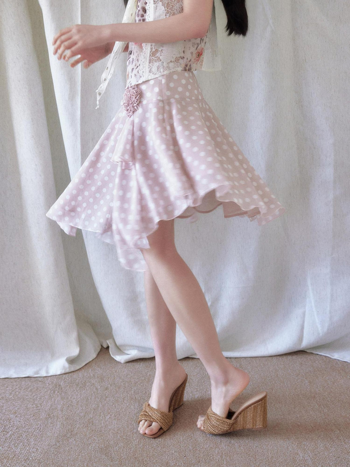 SENSELF Polka Dot Floral Lace Asymmetric Low Waist Women's Midi Skirts