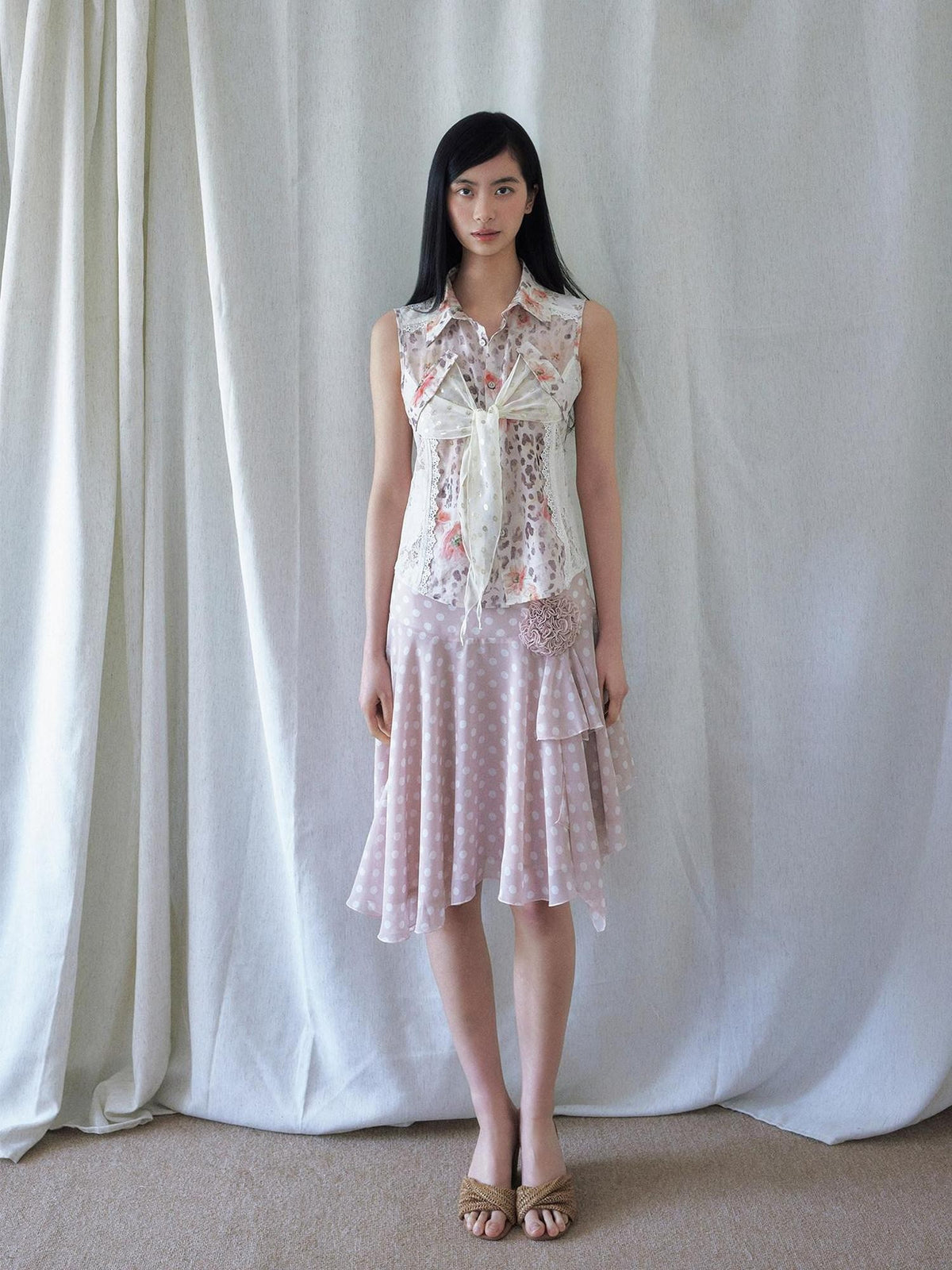 SENSELF Polka Dot Floral Lace Asymmetric Low Waist Women's Midi Skirts