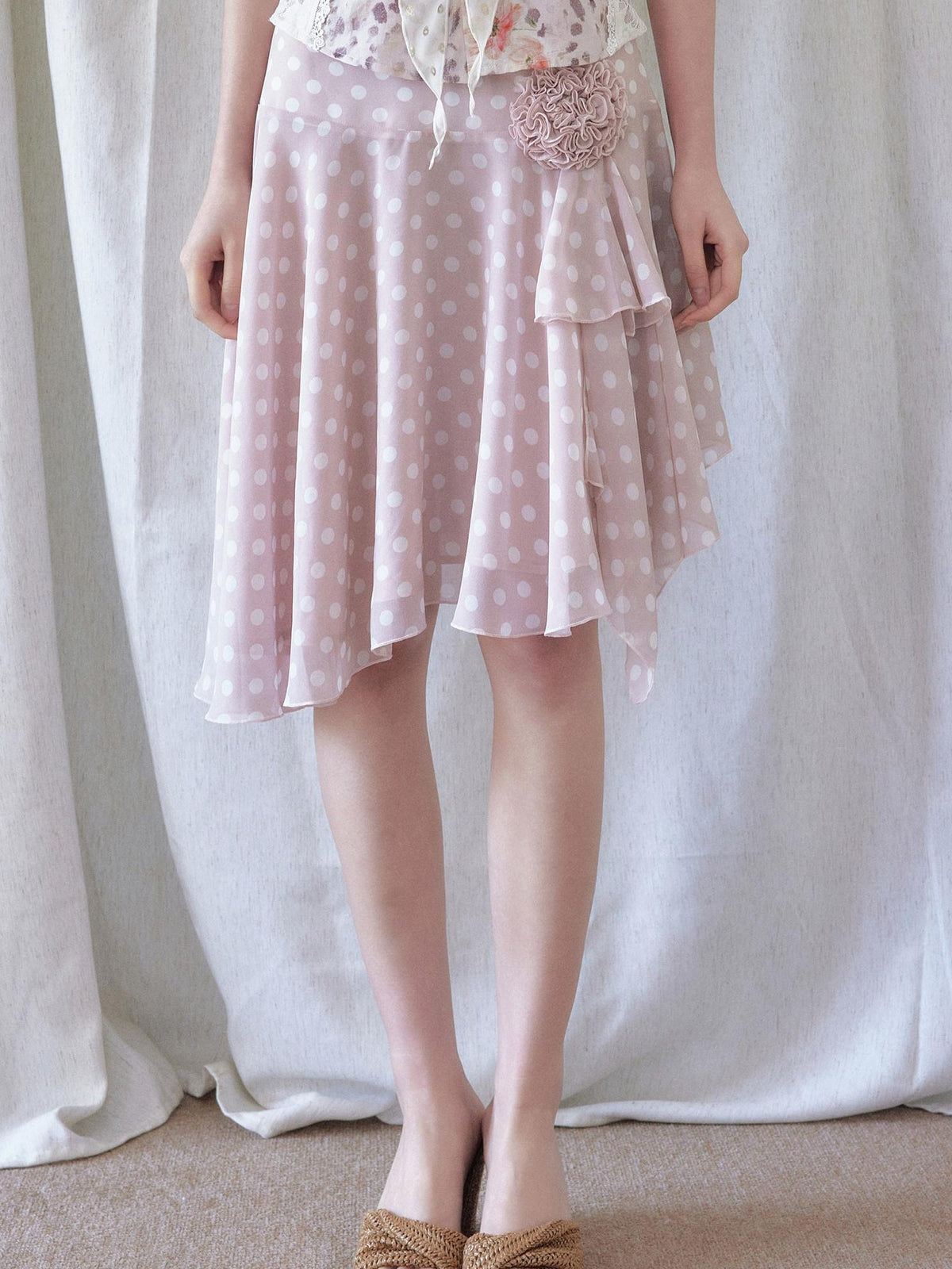 SENSELF Polka Dot Floral Lace Asymmetric Low Waist Women's Midi Skirts