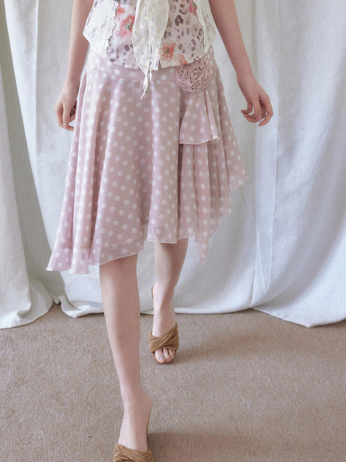 SENSELF Polka Dot Floral Lace Asymmetric Low Waist Women's Midi Skirts