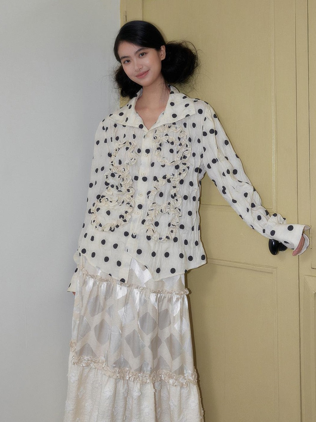 SENSELF Polka Dot Ruched High Neck Long Sleeve Women's Blouses