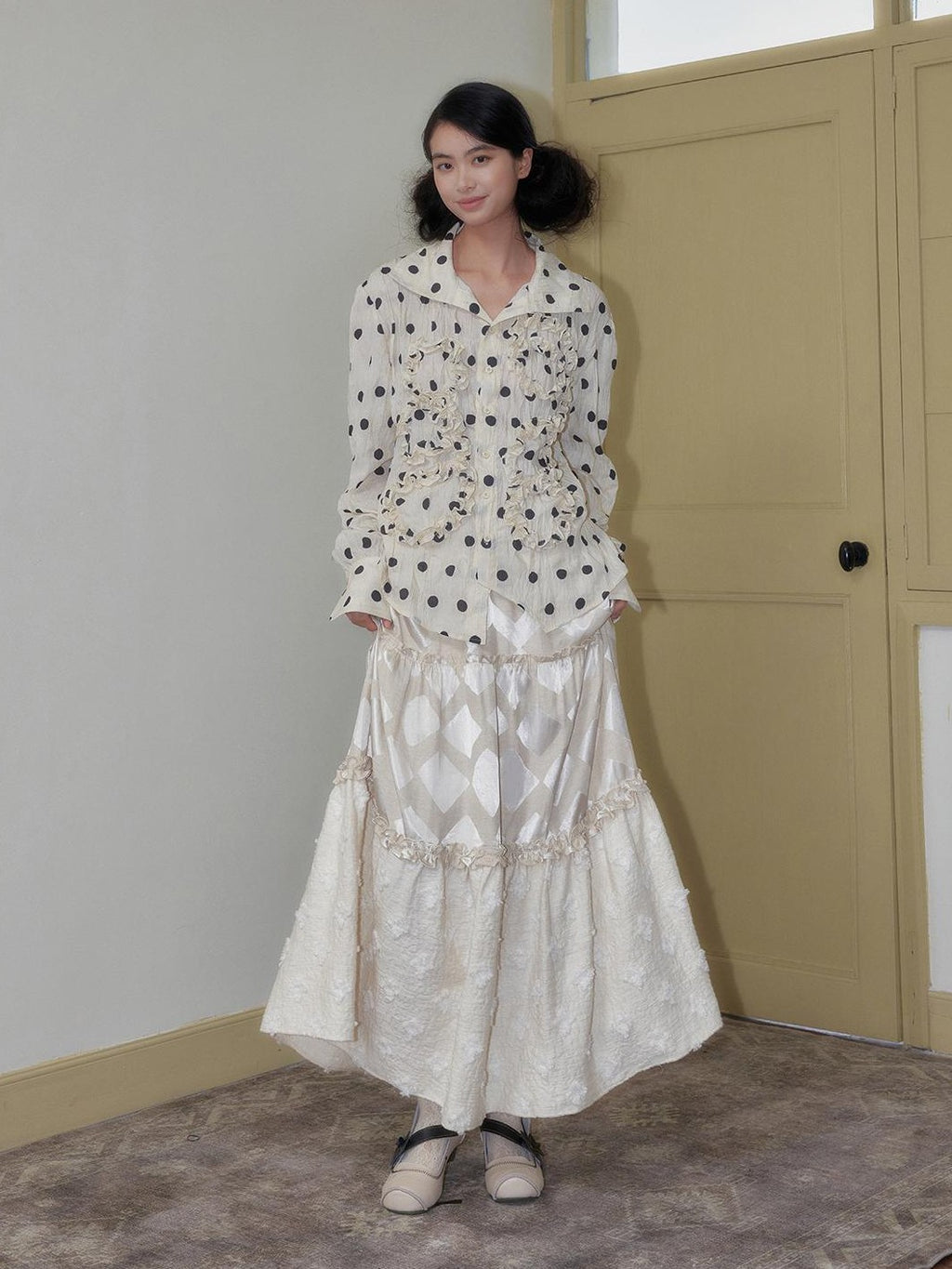 SENSELF Polka Dot Ruched High Neck Long Sleeve Women's Blouses