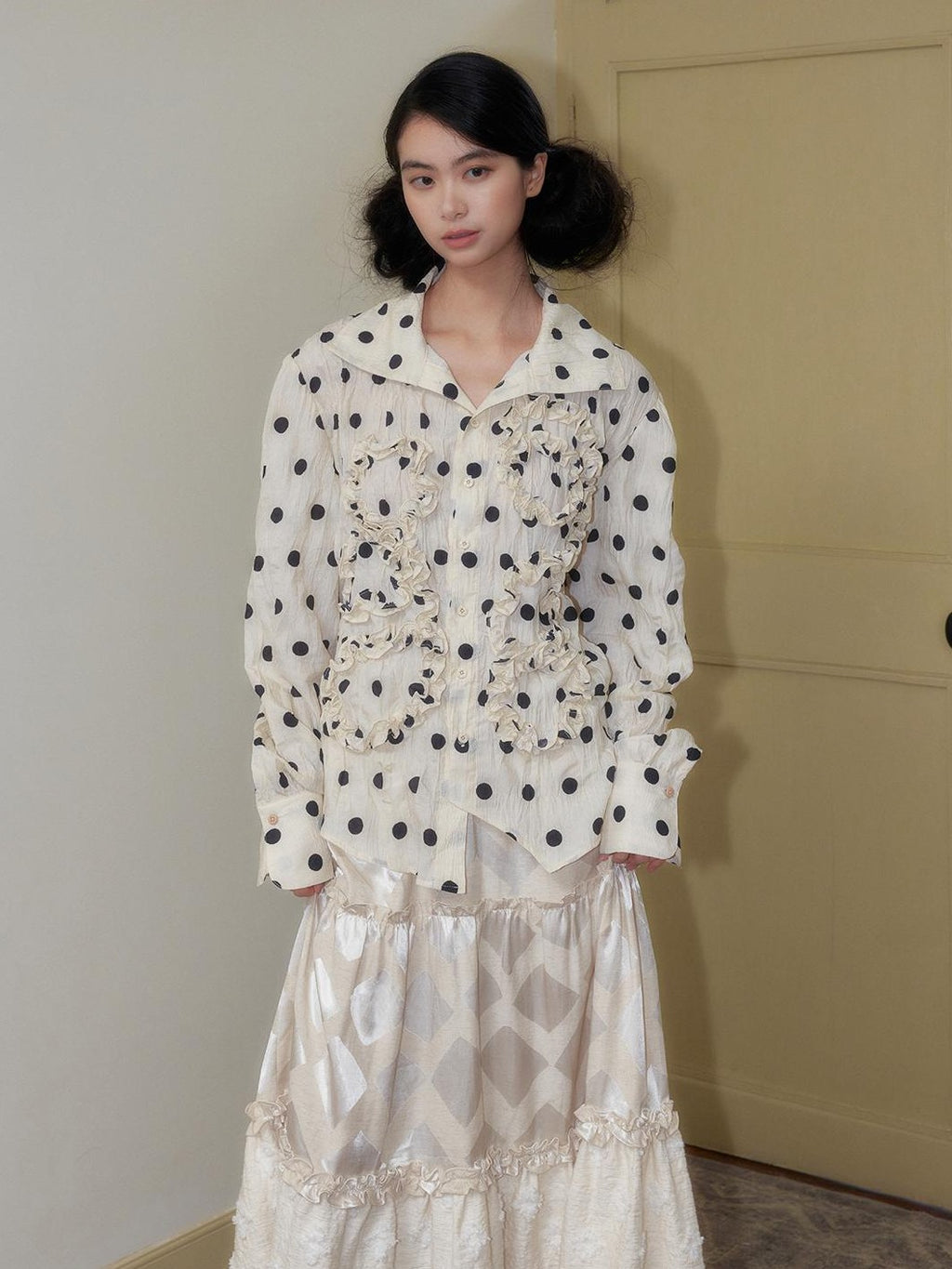 SENSELF Polka Dot Ruched High Neck Long Sleeve Women's Blouses