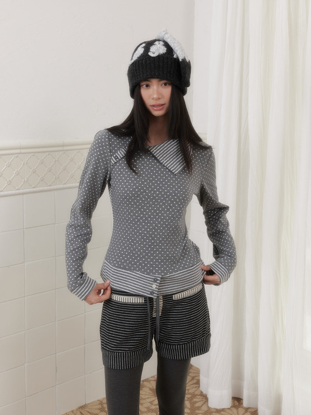 SENSELF_Polka_Dot_Stripe_Slanted_Placket_Lapel_Knit_Women's_Long_Sleeve_T-shirts_991773536324_MISSTT