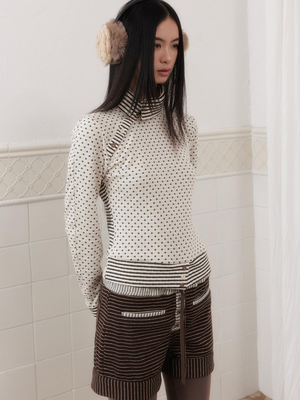 SENSELF Polka Dot Stripe Slanted Placket Lapel Knit Women's Long Sleeve T-shirts