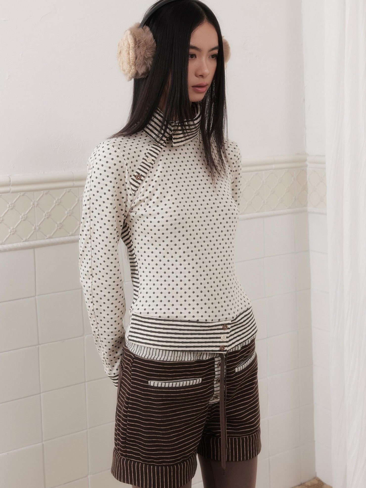 SENSELF Polka Dot Stripe Slanted Placket Lapel Knit Women's Long Sleeve T-shirts