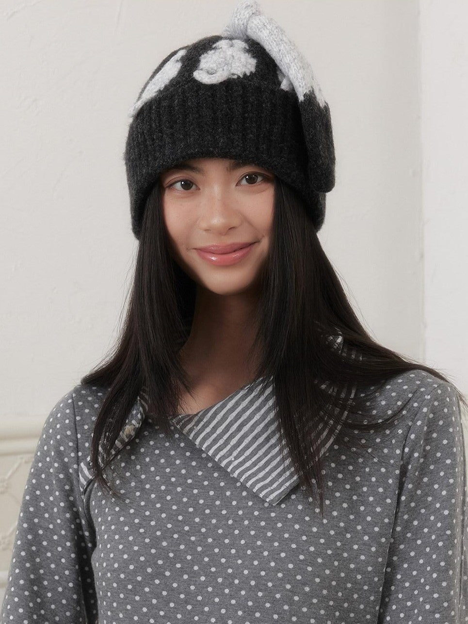SENSELF Polka Dot Stripe Slanted Placket Lapel Knit Women's Long Sleeve T-shirts
