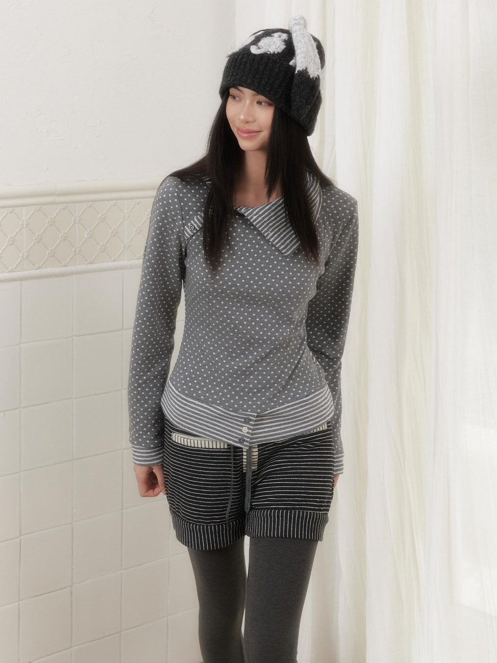 SENSELF Polka Dot Stripe Slanted Placket Lapel Knit Women's Long Sleeve T-shirts