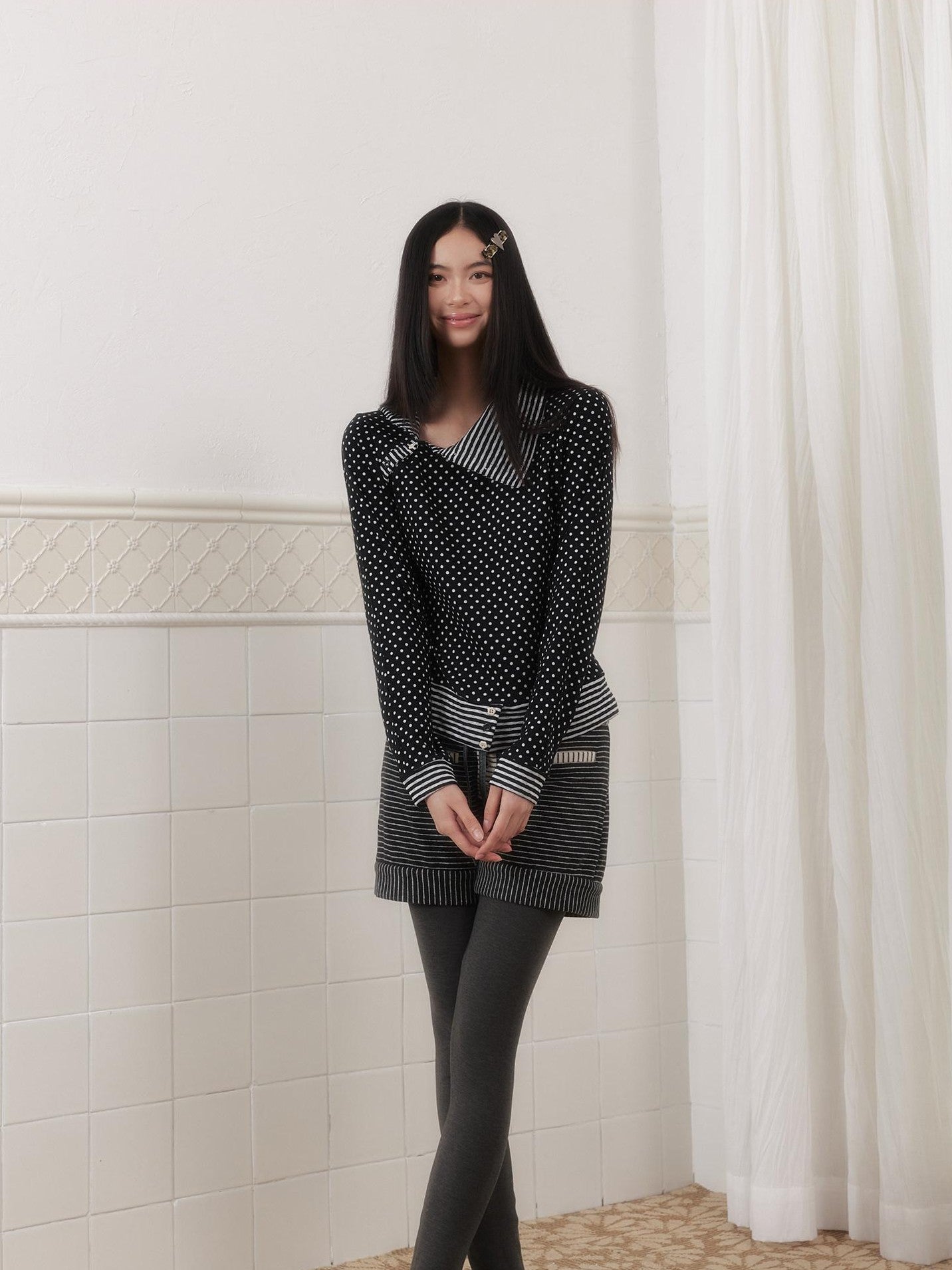 SENSELF Polka Dot Stripe Slanted Placket Lapel Knit Women's Long Sleeve T-shirts