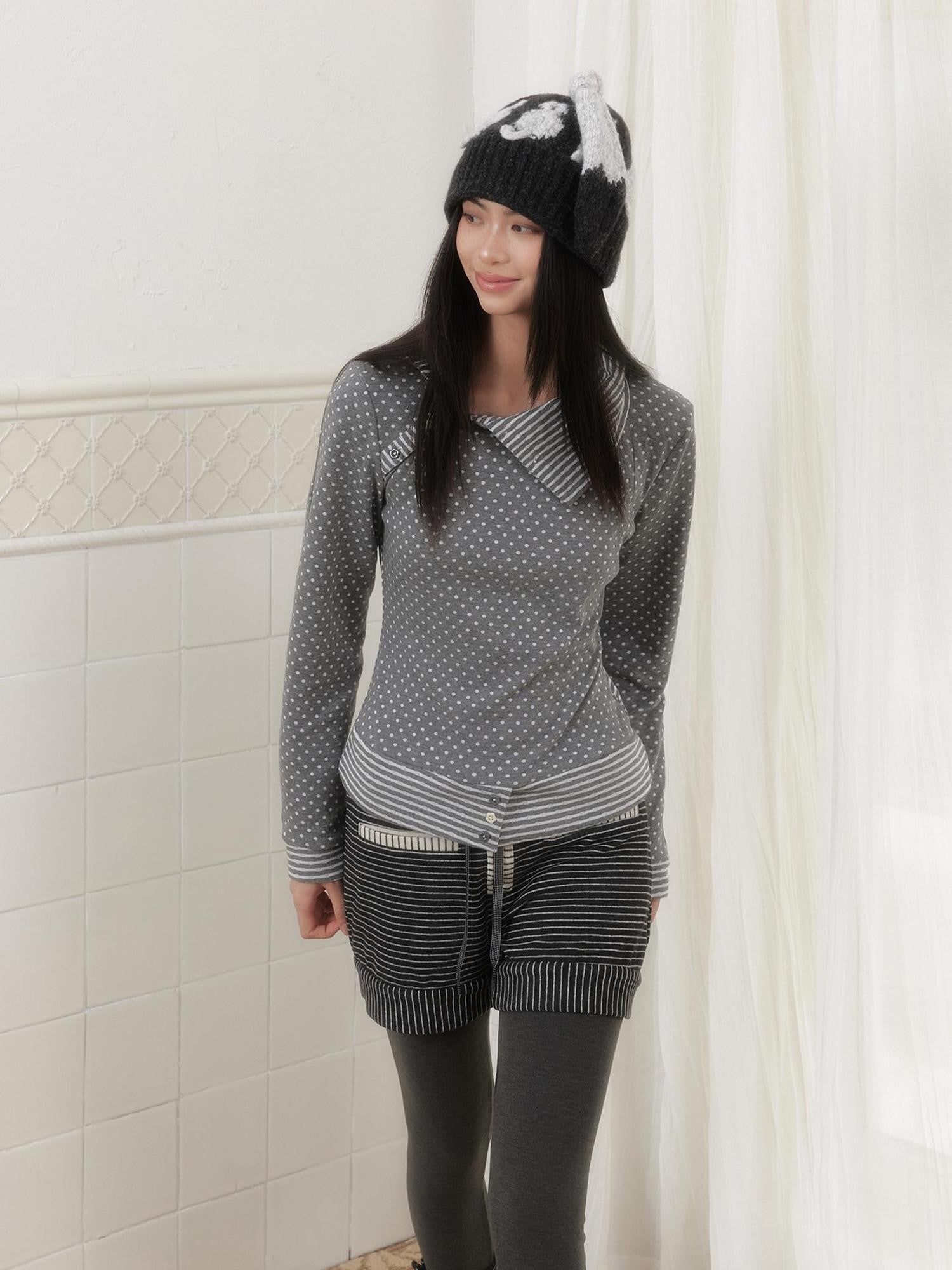 SENSELF Polka Dot Stripe Slanted Placket Lapel Knit Women's Long Sleeve T-shirts