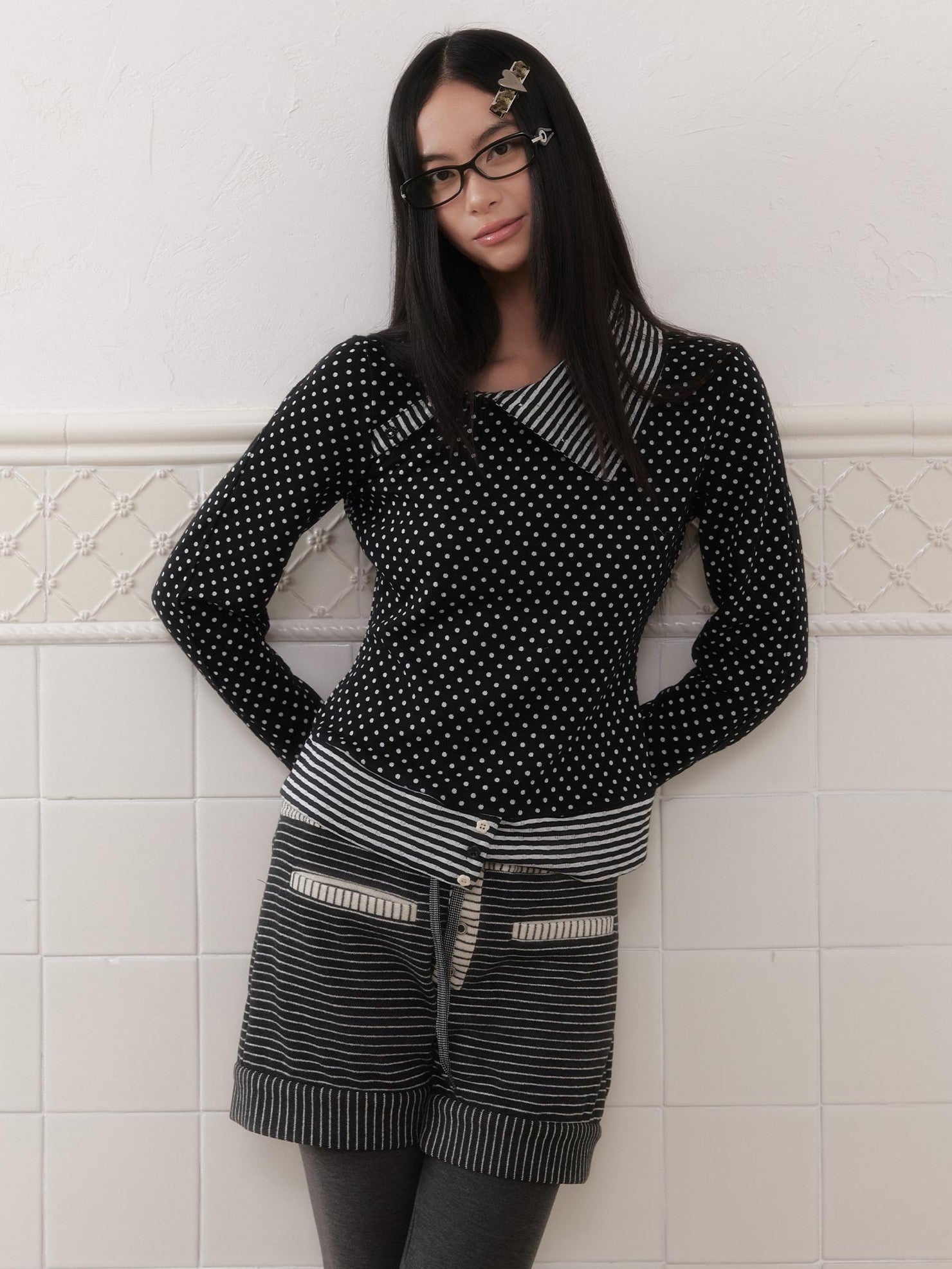 SENSELF Polka Dot Stripe Slanted Placket Lapel Knit Women's Long Sleeve T-shirts