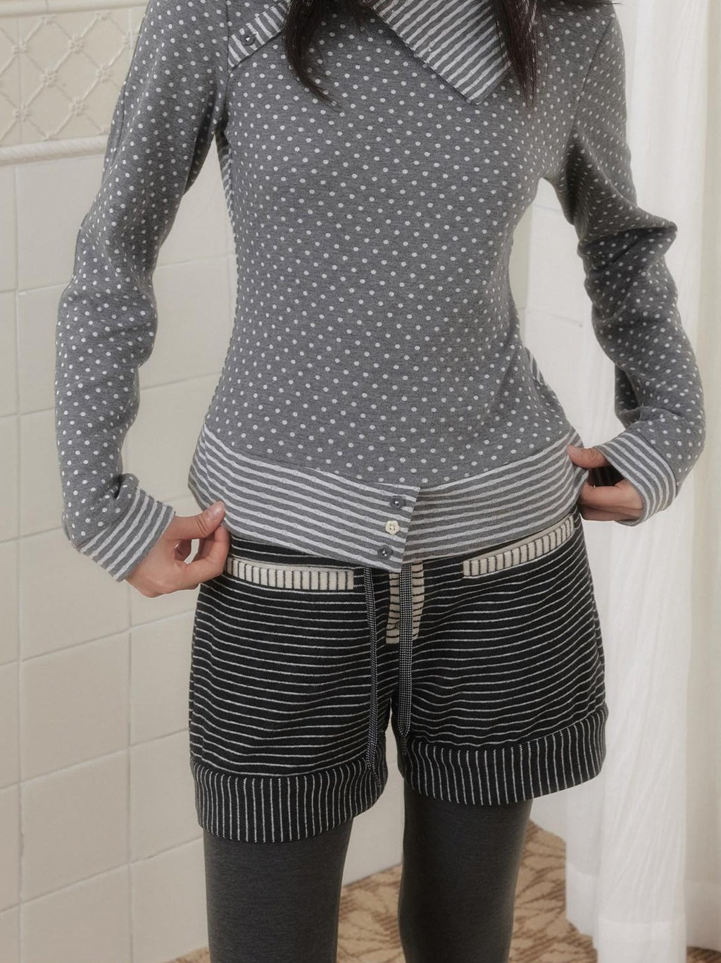 SENSELF Polka Dot Stripe Slanted Placket Lapel Knit Women's Long Sleeve T-shirts
