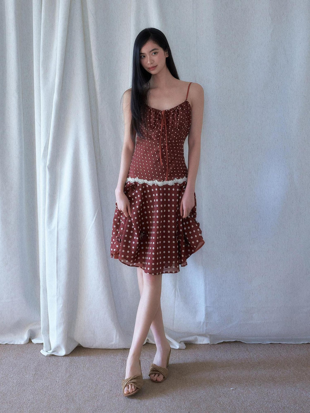 SENSELF Red Brown Vintage Polka Dot 3d Floral V-neck Slim Women's Lace Slip Midi Dresses