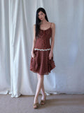 SENSELF Red Brown Vintage Polka Dot 3d Floral V-neck Slim Women's Lace Slip Midi Dresses