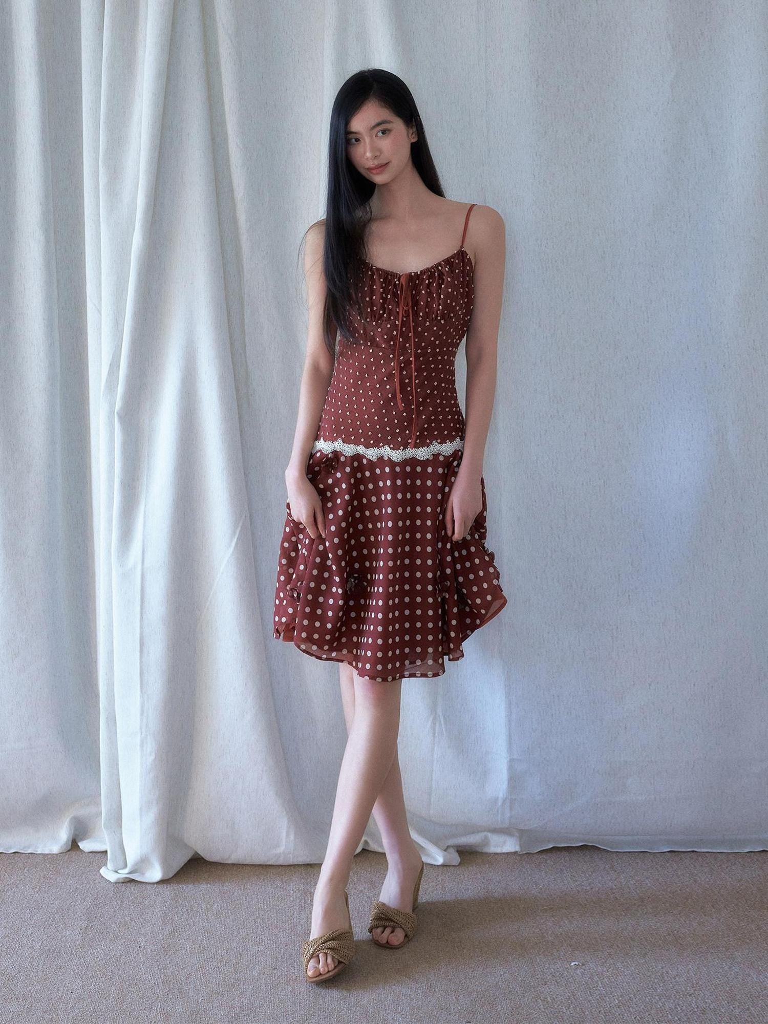 SENSELF Red Brown Vintage Polka Dot 3d Floral V-neck Slim Women's Lace Slip Midi Dresses
