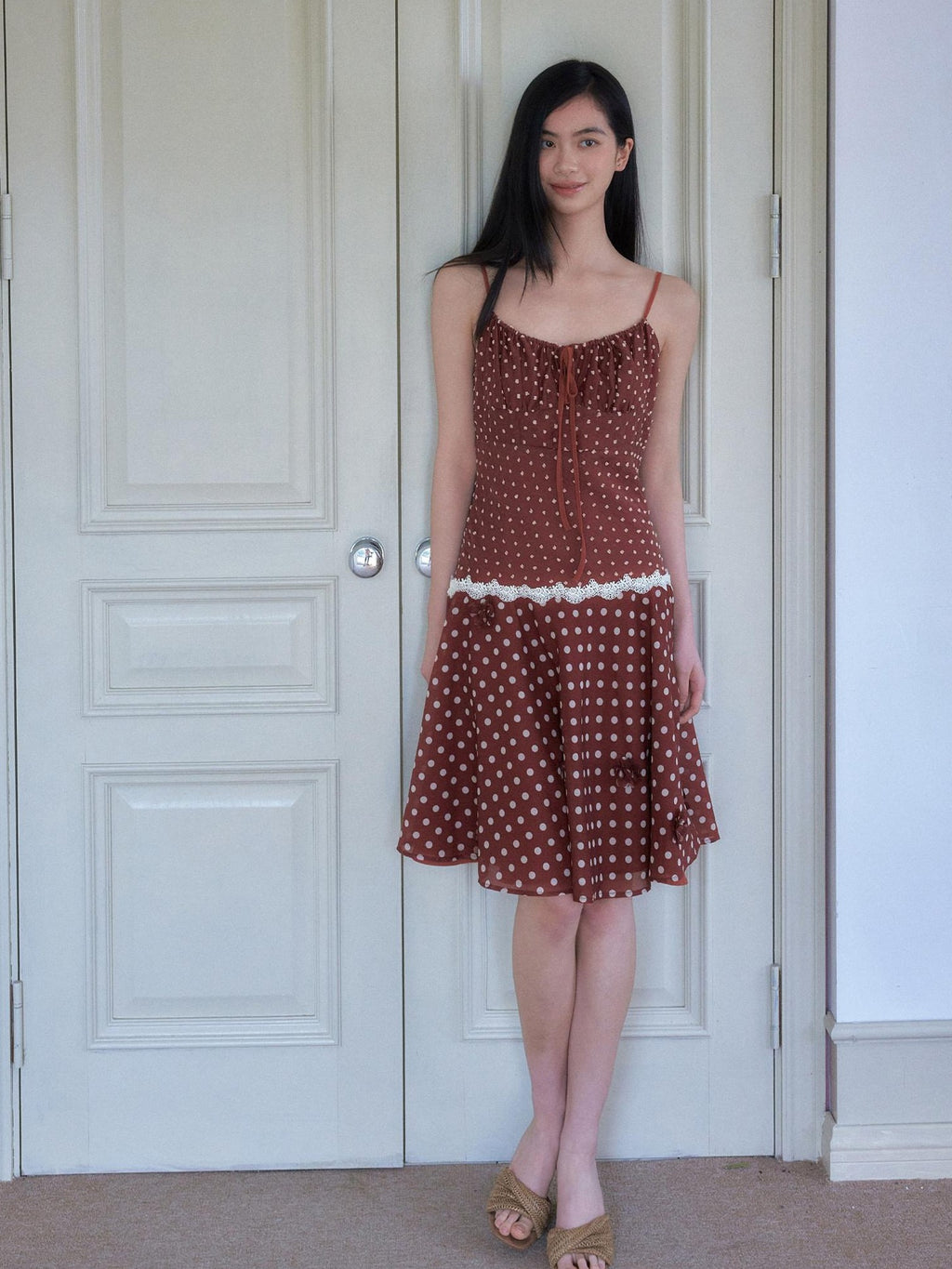 SENSELF Red Brown Vintage Polka Dot 3d Floral V-neck Slim Women's Lace Slip Midi Dresses