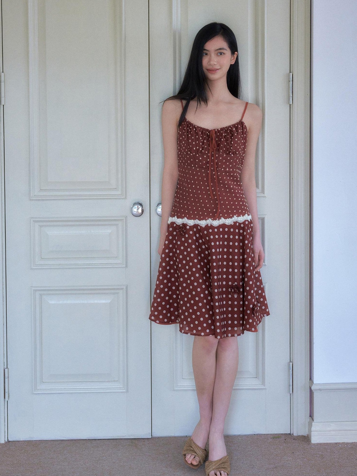 SENSELF Red Brown Vintage Polka Dot 3d Floral V-neck Slim Women's Lace Slip Midi Dresses