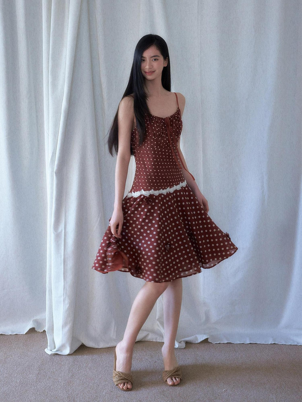 SENSELF Red Brown Vintage Polka Dot 3d Floral V-neck Slim Women's Lace Slip Midi Dresses