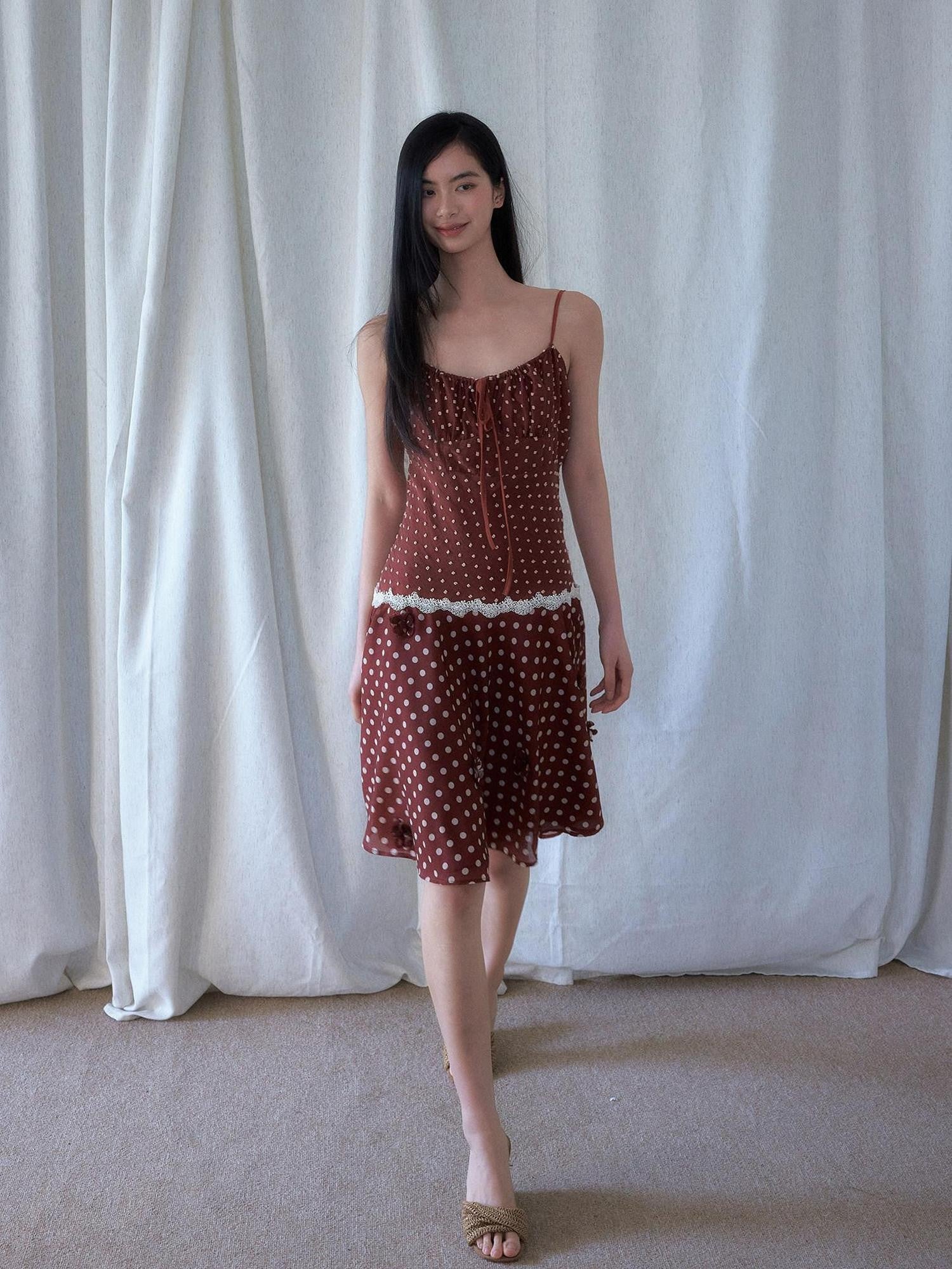 SENSELF Red Brown Vintage Polka Dot 3d Floral V-neck Slim Women's Lace Slip Midi Dresses