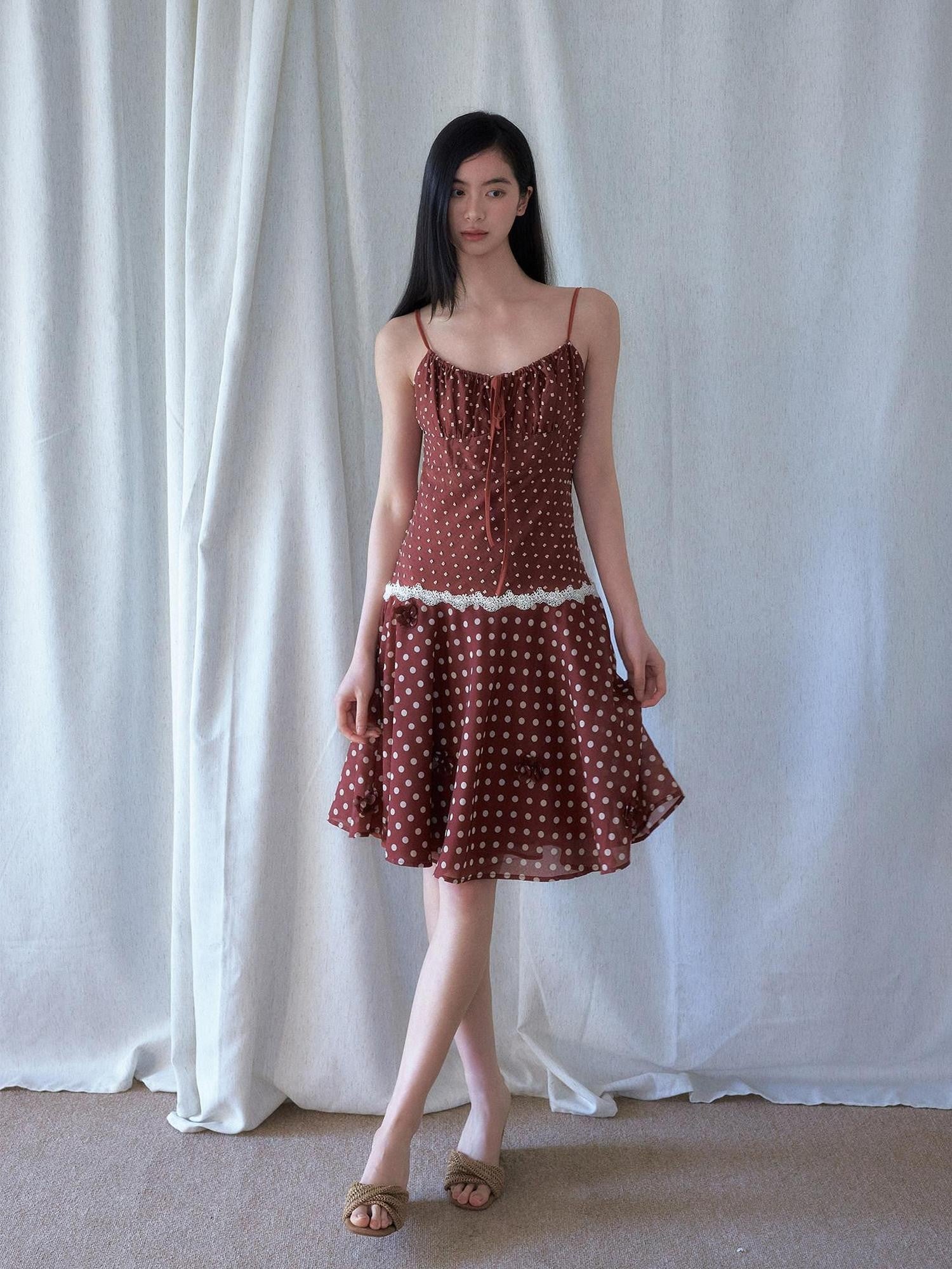 SENSELF Red Brown Vintage Polka Dot 3d Floral V-neck Slim Women's Lace Slip Midi Dresses