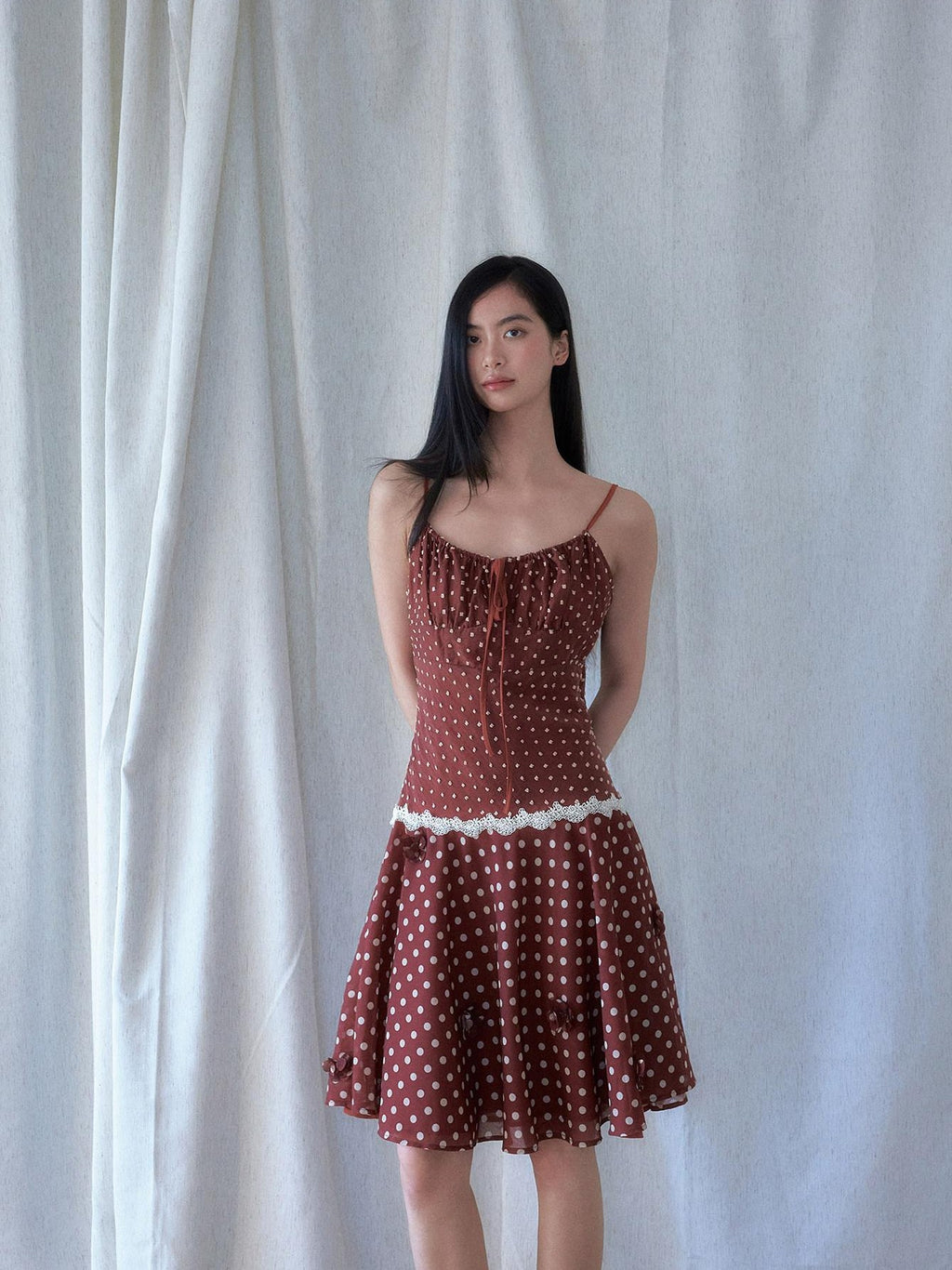 SENSELF Red Brown Vintage Polka Dot 3d Floral V-neck Slim Women's Lace Slip Midi Dresses