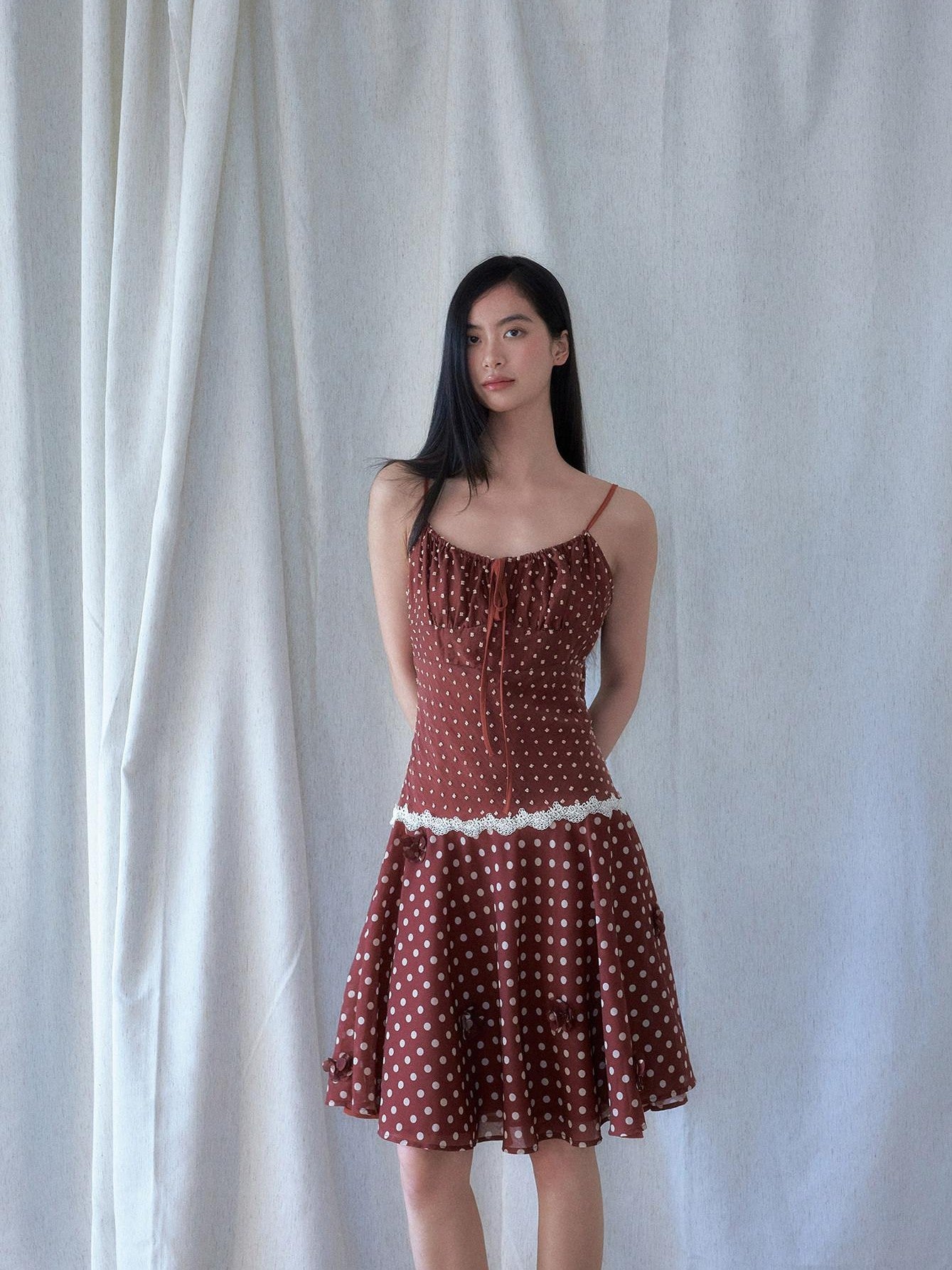 SENSELF Red Brown Vintage Polka Dot 3d Floral V-neck Slim Women's Lace Slip Midi Dresses