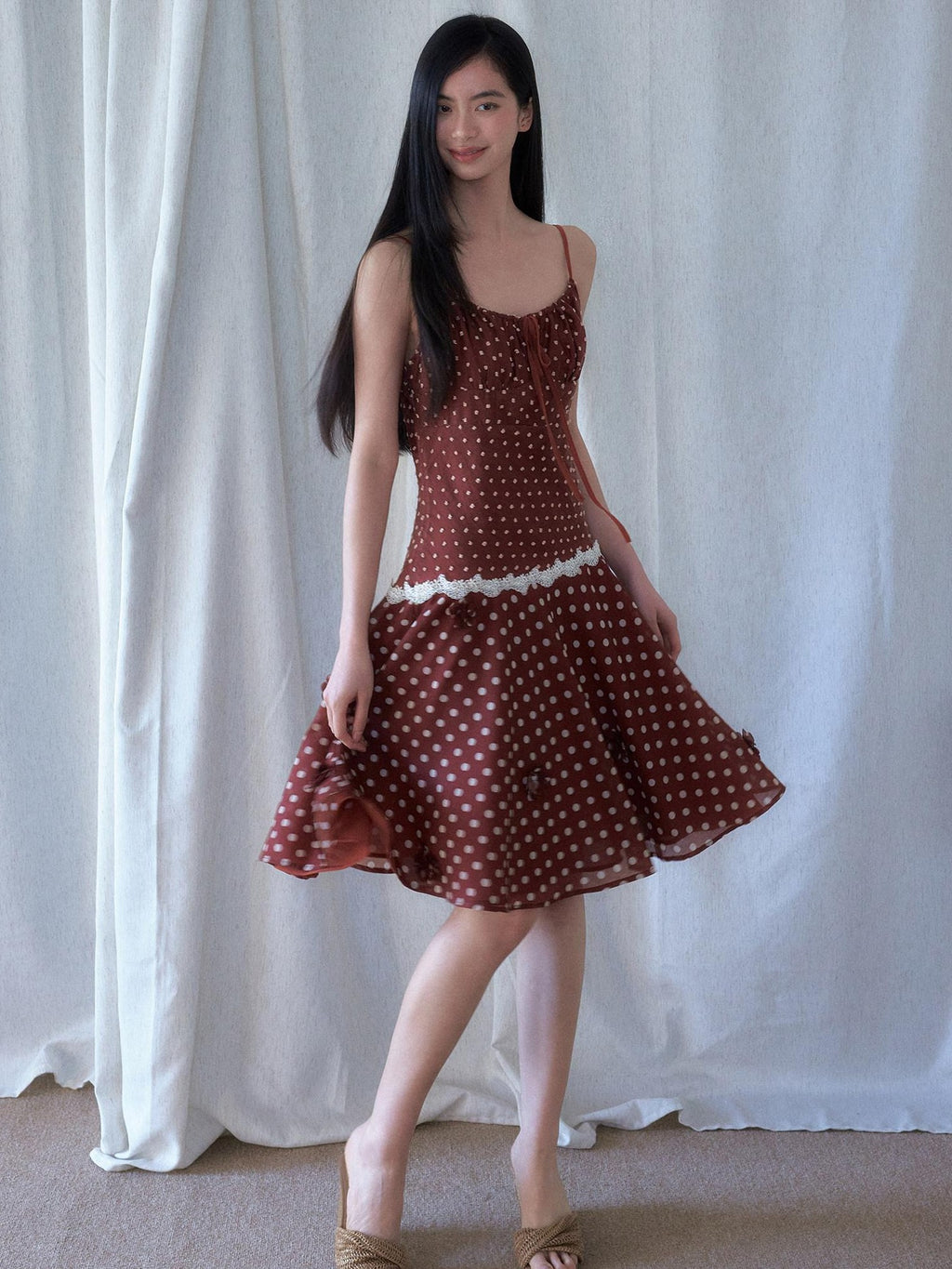 SENSELF Red Brown Vintage Polka Dot 3d Floral V-neck Slim Women's Lace Slip Midi Dresses