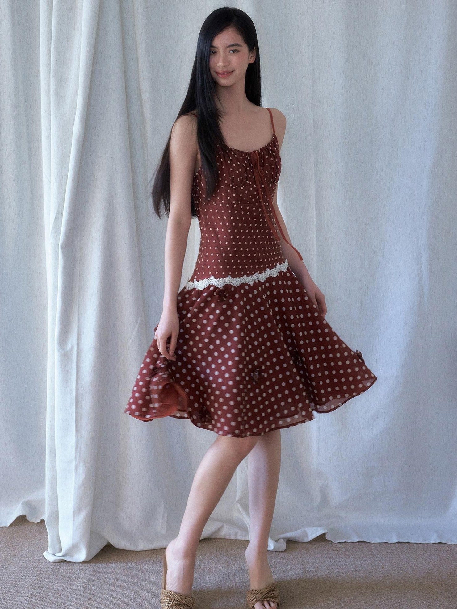 SENSELF Red Brown Vintage Polka Dot 3d Floral V-neck Slim Women's Lace Slip Midi Dresses