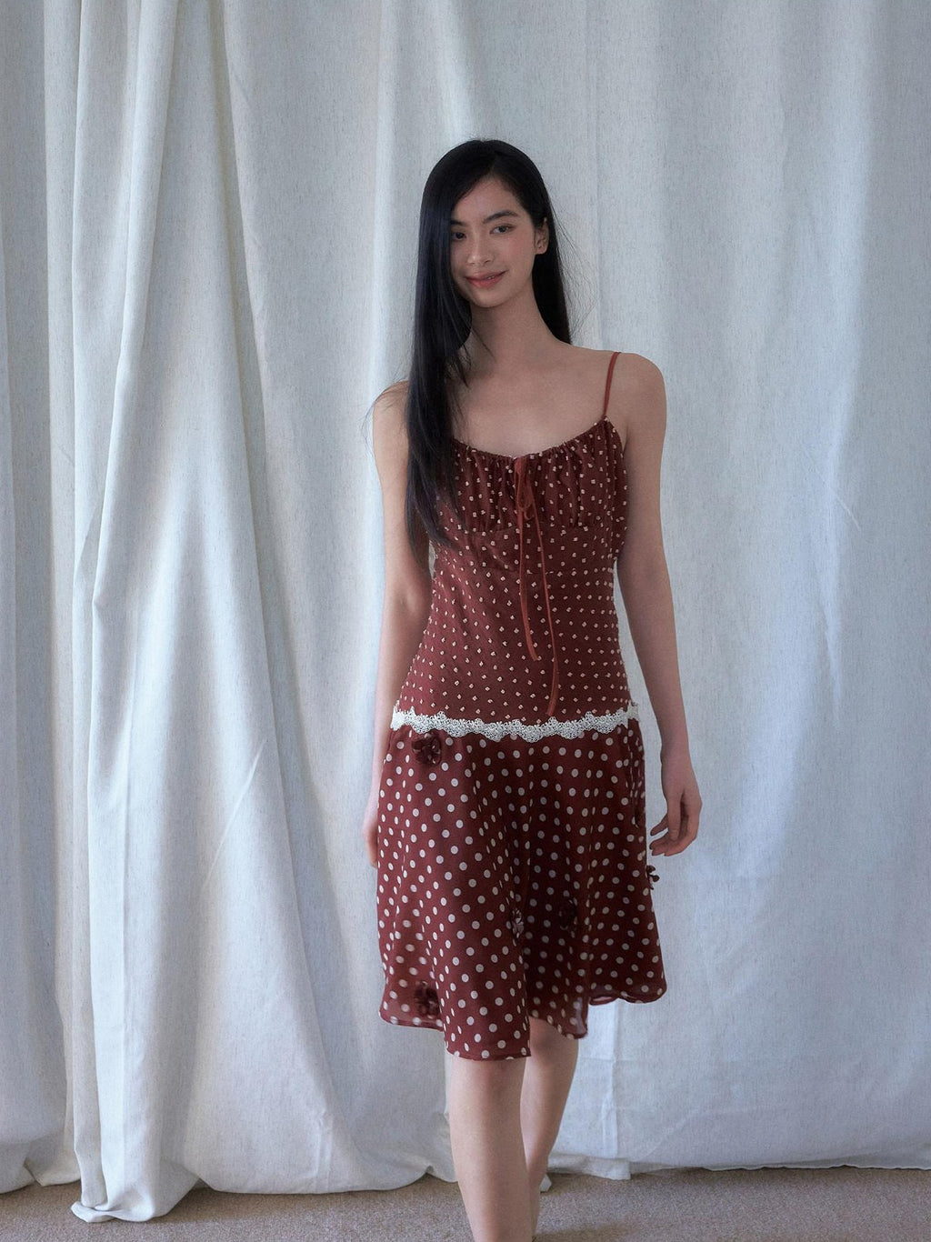 SENSELF Red Brown Vintage Polka Dot 3d Floral V-neck Slim Women's Lace Slip Midi Dresses
