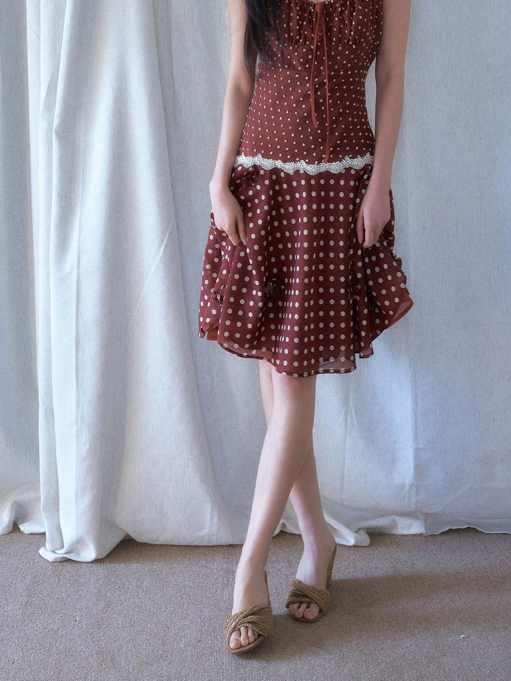 SENSELF Red Brown Vintage Polka Dot 3d Floral V-neck Slim Women's Lace Slip Midi Dresses