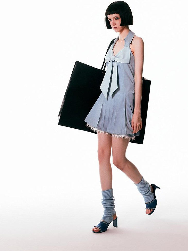 SENSELF Retro Blue Denim Bow Spliced Backless Women's Denim Halter Tops
