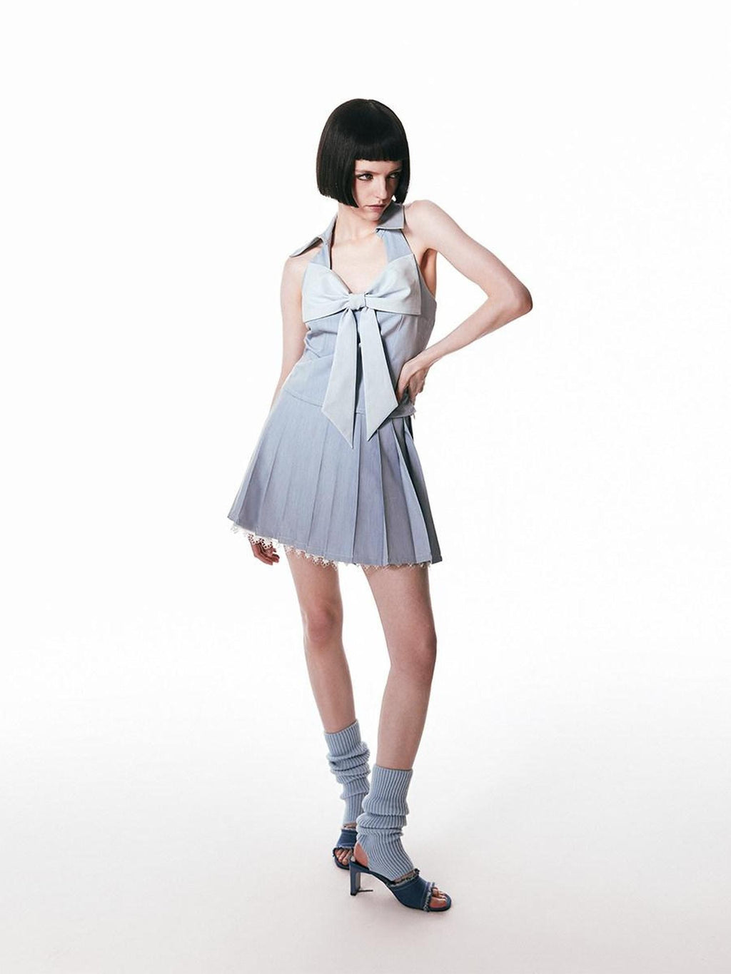 SENSELF Retro Blue Denim Bow Spliced Backless Women's Denim Halter Tops