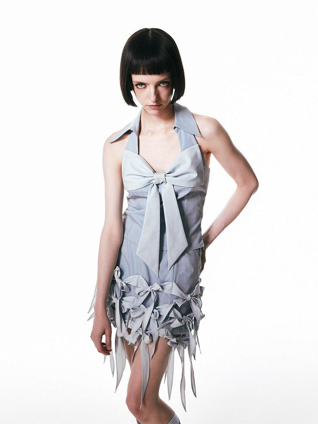 SENSELF Retro Blue Denim Bow Spliced Backless Women's Denim Halter Tops