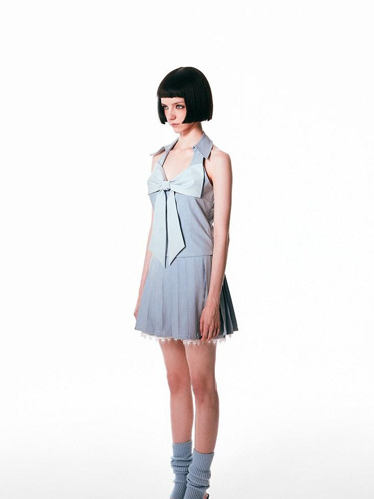 SENSELF Retro Blue Denim Bow Spliced Backless Women's Denim Halter Tops