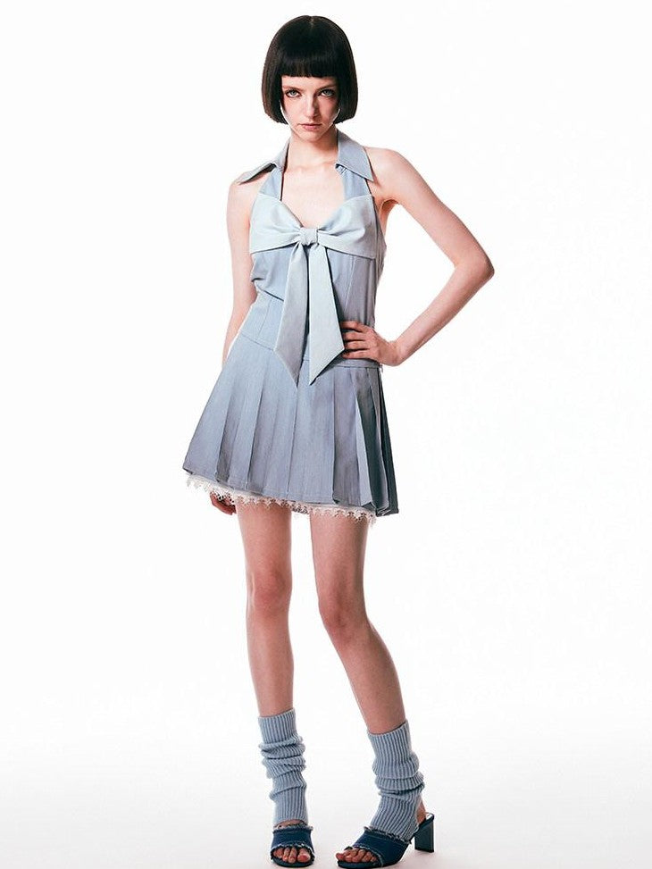 SENSELF Retro Blue Denim Bow Spliced Backless Women's Denim Halter Tops
