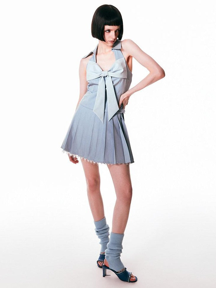 SENSELF Retro Blue Denim Bow Spliced Backless Women's Denim Halter Tops
